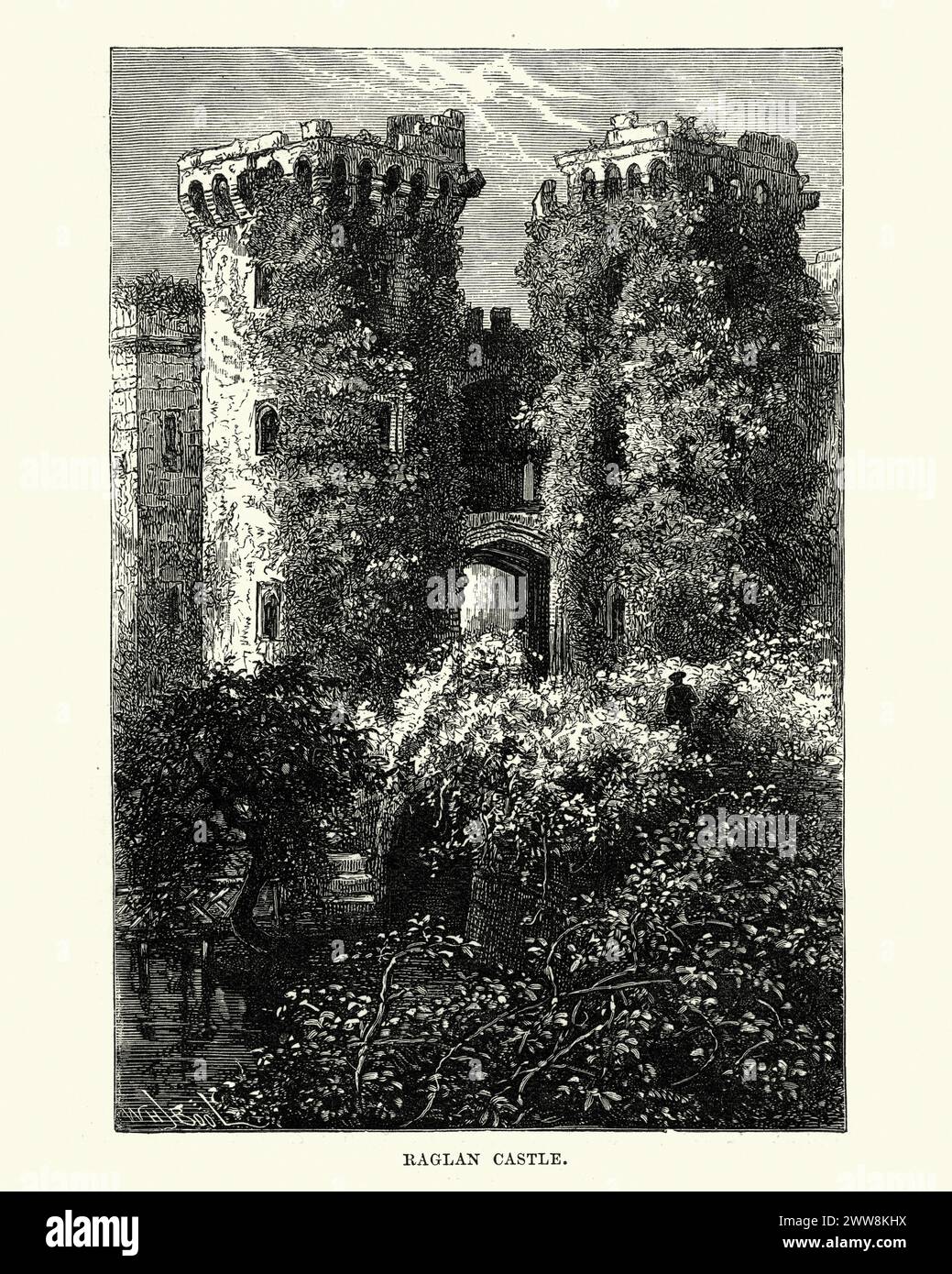 Vintage-Stich der mittelalterlichen Architektur, Türme von Raglan Castle, Monmouthshire, Wales. Raglan Castle (walisisch Castell Rhaglan) ist eine spätmittelalterliche Burg nördlich des Dorfes Raglan in der Grafschaft Monmouthshire im Südosten von Wales. Stockfoto