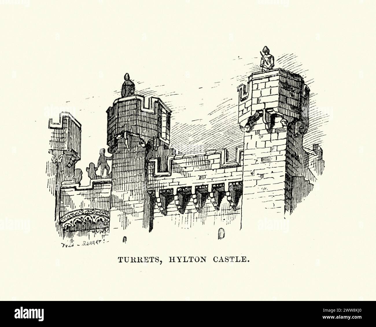 Vintage-Stich mittelalterlicher Architektur, Türmchen, Hylton Castle, Sunderland. Eine Steinburg in der North Hylton Gegend von Sunderland, 14. Bis Anfang 15. Jahrhundert, gotisch Stockfoto
