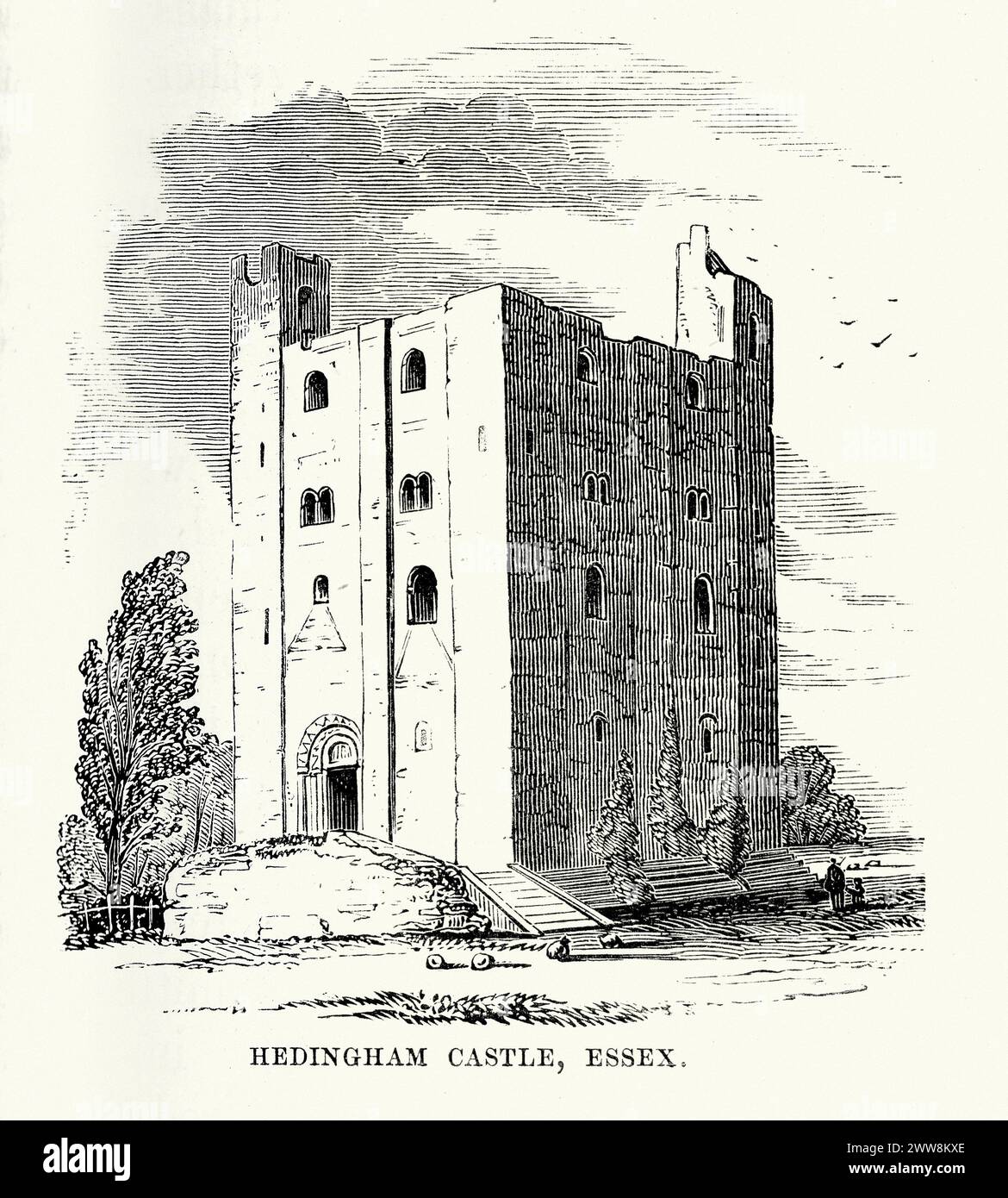 Vintage-Gravur von Hedingham Castle im Dorf Castle Hedingham, Braintree District, Essex, England, ist eine normannische Motte und eine Vorburg mit einem Steinfried. Stockfoto