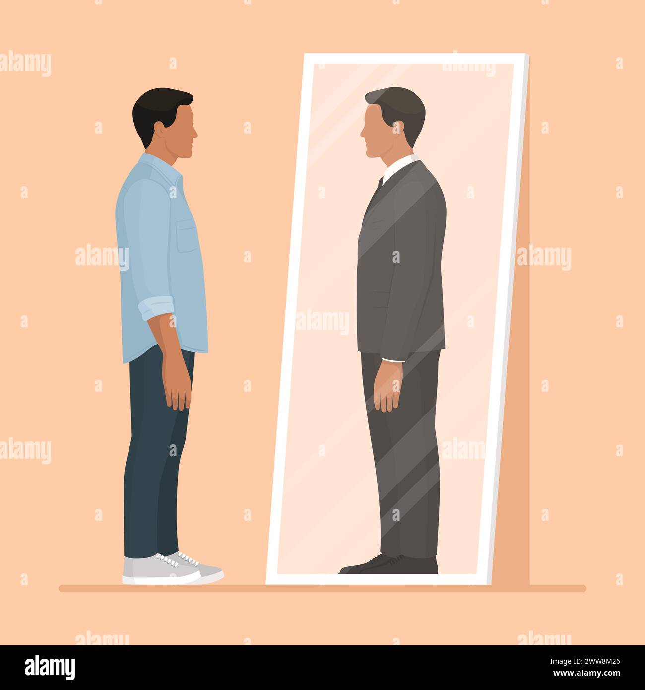 Mann, der in den Spiegel blickt und sich als erfolgreicher Geschäftsmann sieht: Karriere, Identität und Bestrebungen Stock Vektor