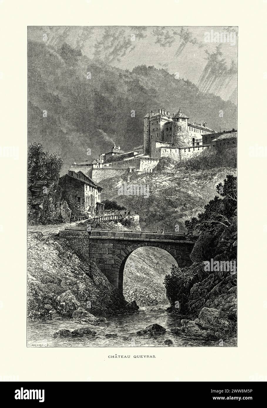 Vintage-Illustration von Chateau Queyras, Frankreich, 19. Jahrhundert Château-Ville-Vieille ist eine Gemeinde im Departement Hautes-Alpes im Südosten Frankreichs. Die Gemeinde befindet sich in Queyras. Die beiden Dörfer der Gemeinde liegen im Guiltal: Ville-Vieille am linken Ufer des Guills und Château-Queyras am rechten Ufer. Stockfoto