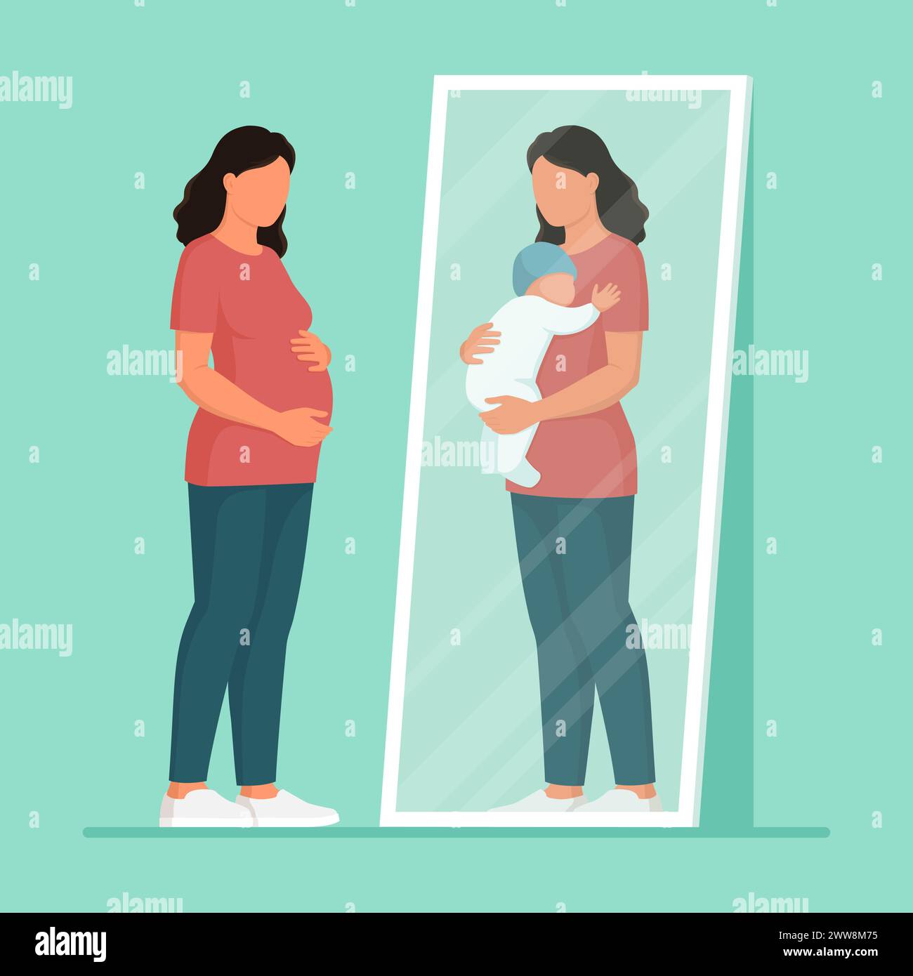 Junge schwangere Frau, die sich im Spiegel ansieht und sich selbst sieht, wie sie ihr Baby, ihre Mutterschaft und ihr Geburtskonzept hält Stock Vektor