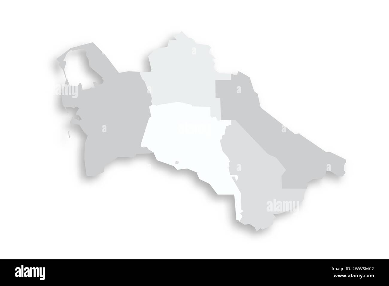 Turkmenistan politische Karte der Verwaltungsbereiche - Regionen und Hauptstadtbezirk Aschgabat. Graue leere flache Vektorkarte mit fallendem Schatten. Stock Vektor