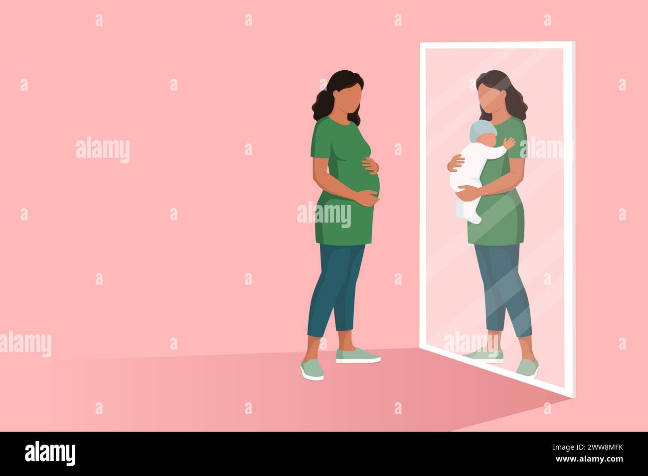 Junge schwangere Frau, die sich im Spiegel ansieht und sich selbst sieht, wie sie ihr Baby, ihre Mutterschaft und ihr Geburtskonzept hält Stock Vektor