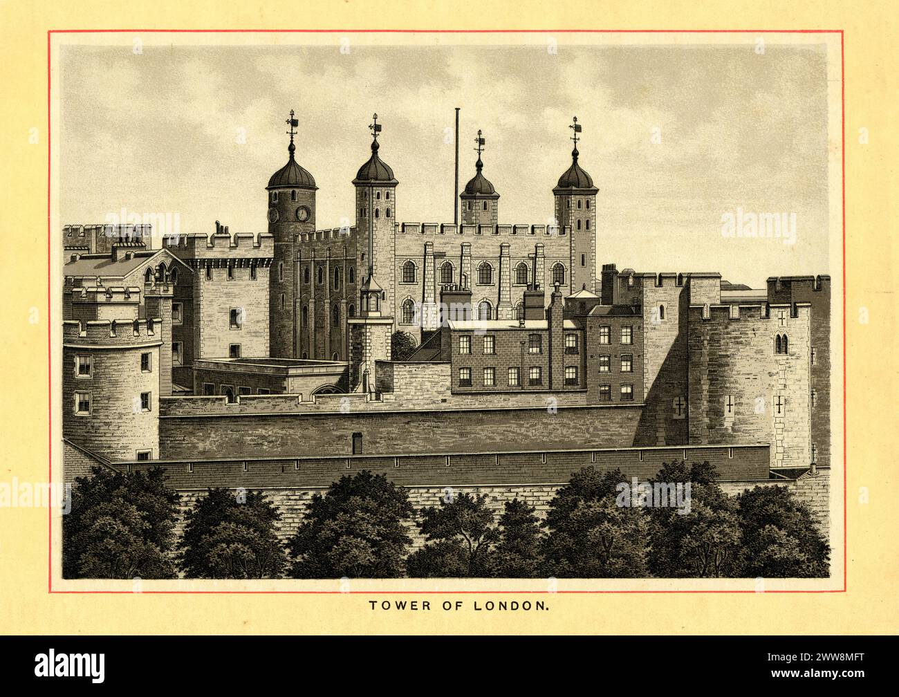 Vintage-Stich des Tower of London, London, England im Jahr 1895. Eine historische Burg am Nordufer der Themse im Zentrum von London. Sie wurde Ende 1066 im Rahmen der normannischen Eroberung Englands gegründet. Der Weiße Turm, der der gesamten Burg ihren Namen gibt, wurde 1078 von Wilhelm dem Eroberer erbaut. Stockfoto