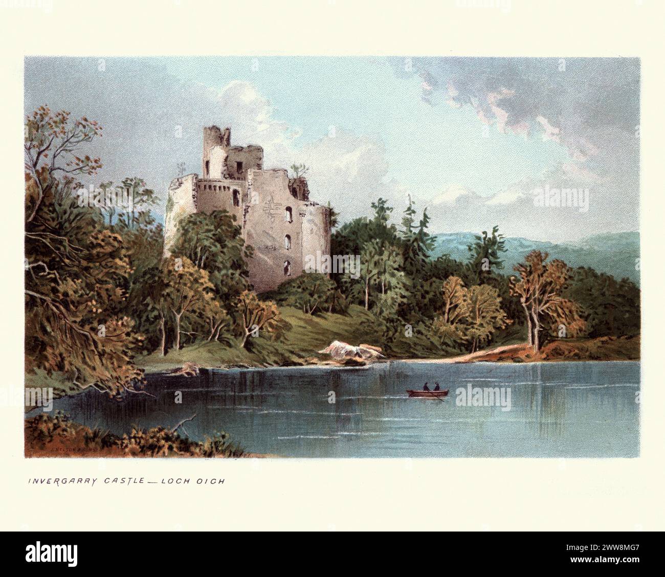 Vintage-Stich von Invergarry Castle, Loch Oich, Scottish Highlands, Schottland, 19. Jahrhundert. Invergarry Castle in den schottischen Highlands war Sitz der Chiefs des Clan MacDonnell of Glengarry, einem mächtigen Zweig des Clan Donald. Die Lage der Burg mit Blick auf Loch Oich auf Creagan an Fhithich (Raven's Rock) im Großen Tal Stockfoto