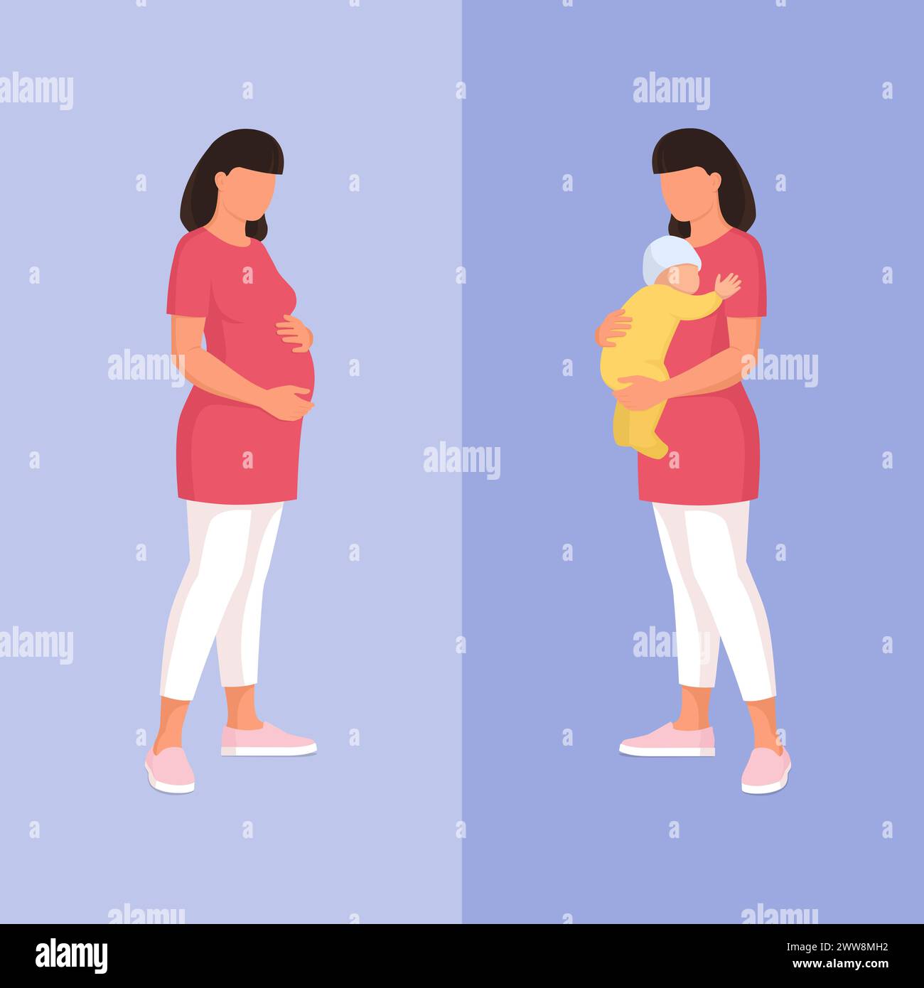 Frau vor und nach der Geburt: Mutterschaftskonzept Stock Vektor