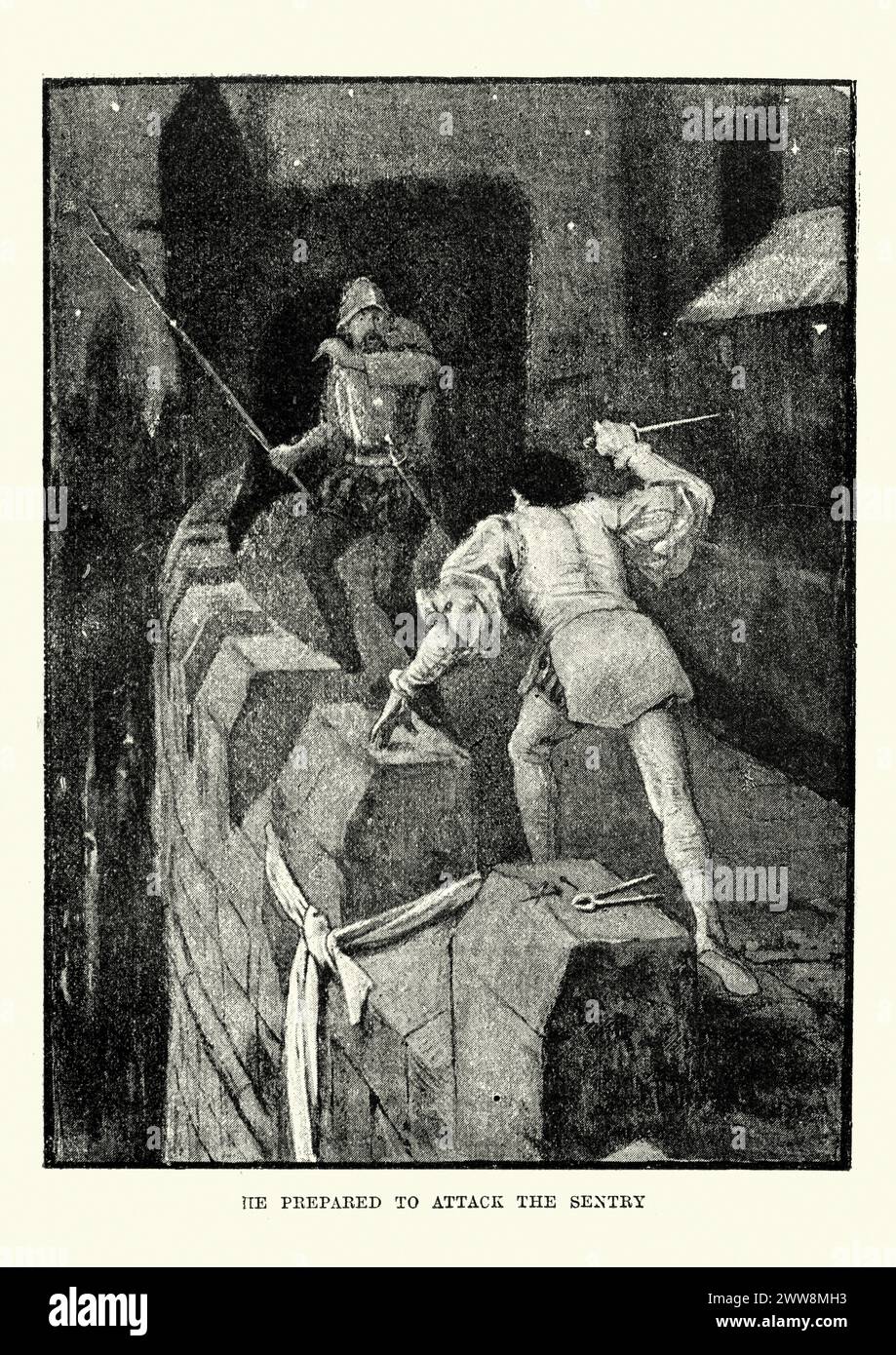 Vintage-Gravur eines Assassinen, der einen Wachmann angreift, nachdem er nachts die Burgmauern erklimmt hat Stockfoto