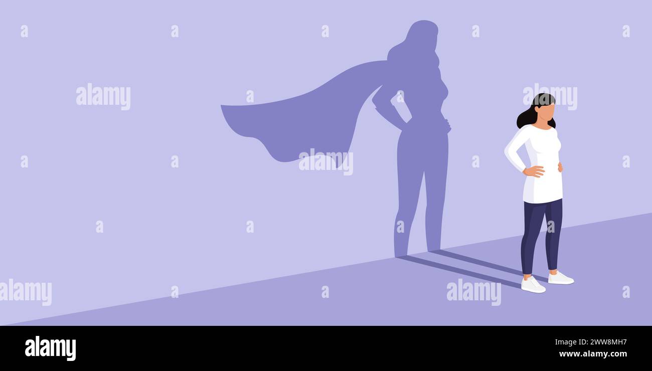 Selbstbewusste Frau, die wegsteht und wegblickt, wirft den Schatten eines Superhelden, Selbstvertrauen und Stärke Konzepts Stock Vektor