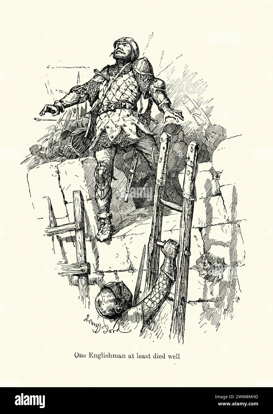 Vintage-Gravur, die eine Szene aus dem Leben von Jeanne d'Arc erschüttert. Joan of Arc um 1412 bis 1431, auch als die Maid of Orleans bezeichnet, gilt als Heldin Frankreichs für ihre Rolle während des Hundertjährigen Krieges. Ein Engländer starb wenigstens gut Stockfoto