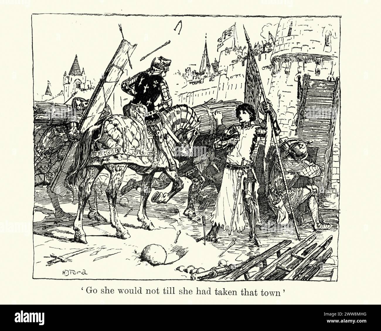 Vintage-Gravur, die eine Szene aus dem Leben von Jeanne d'Arc zeigt. Joan of Arc um 1412 bis 1431, auch als die Maid of Orleans bezeichnet, gilt als Heldin Frankreichs für ihre Rolle während des Hundertjährigen Krieges. Joan of Arc legt eine Stadt an Stockfoto