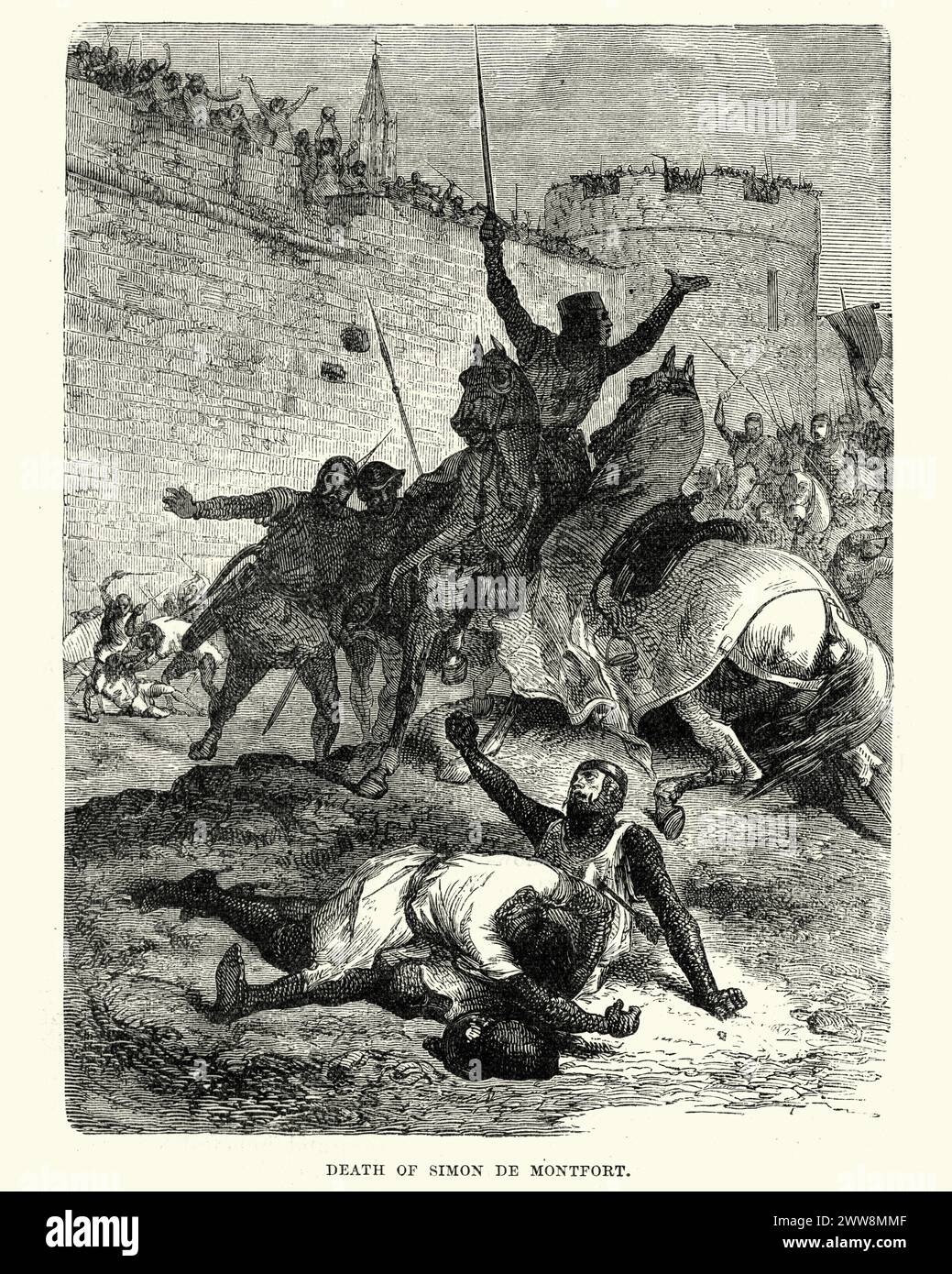 Vintage-Stich des Todes von Simon de Montfort, Belagerung von Toulouse, 1218, während des Albigenserkreuzes Stockfoto