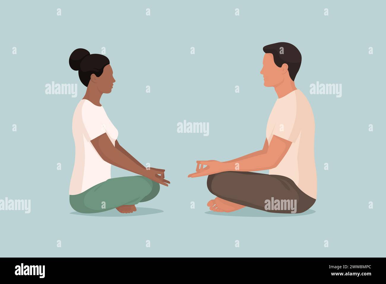 Multiethnisches Paar, das gemeinsam Meditation praktiziert, Achtsamkeit und Entspannungskonzept Stock Vektor