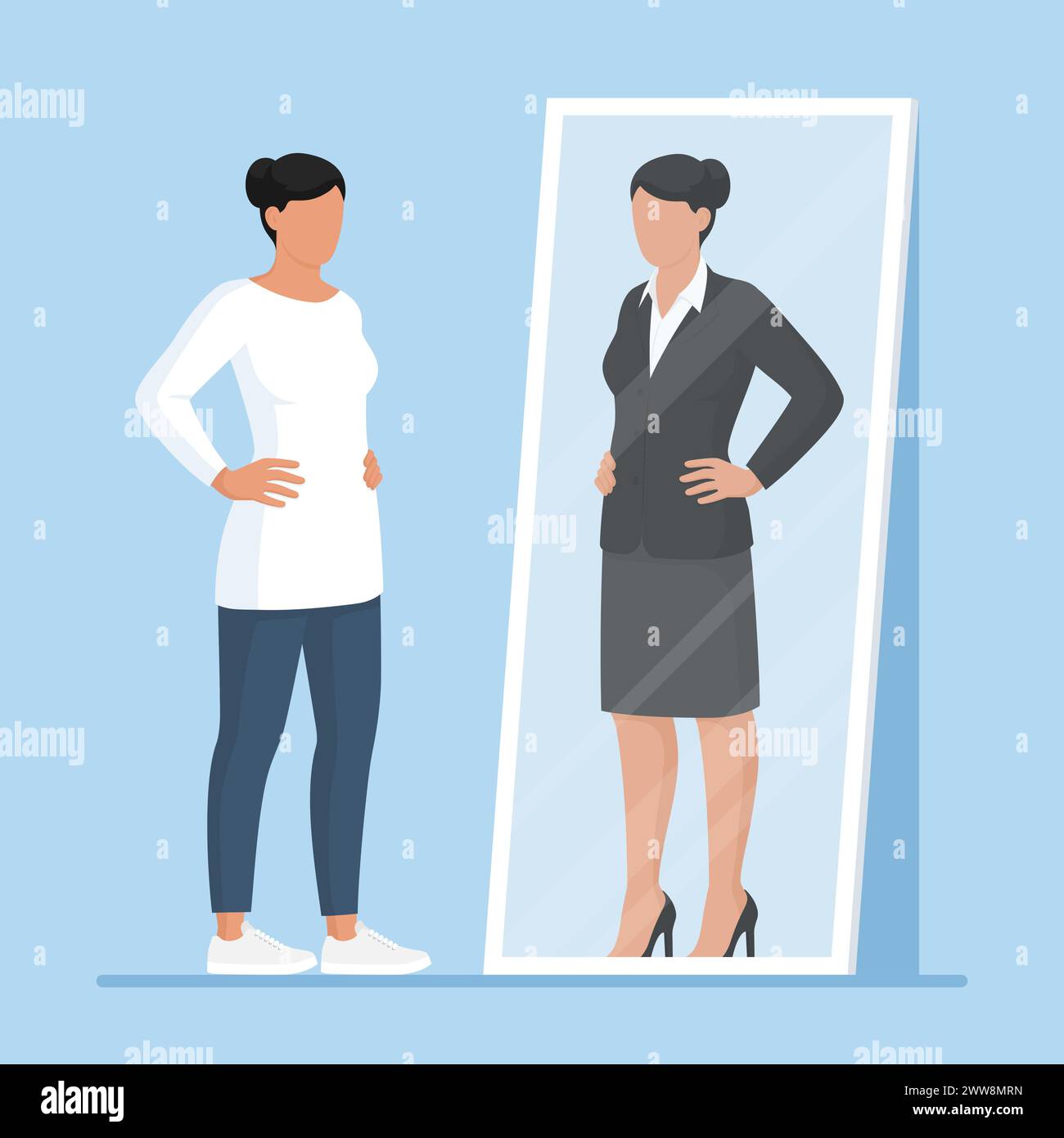 Selbstbewusste Frau, die in den Spiegel blickt und sich als Geschäftsfrau in formeller Kleidung, Identität und Ambitionen sieht Stock Vektor