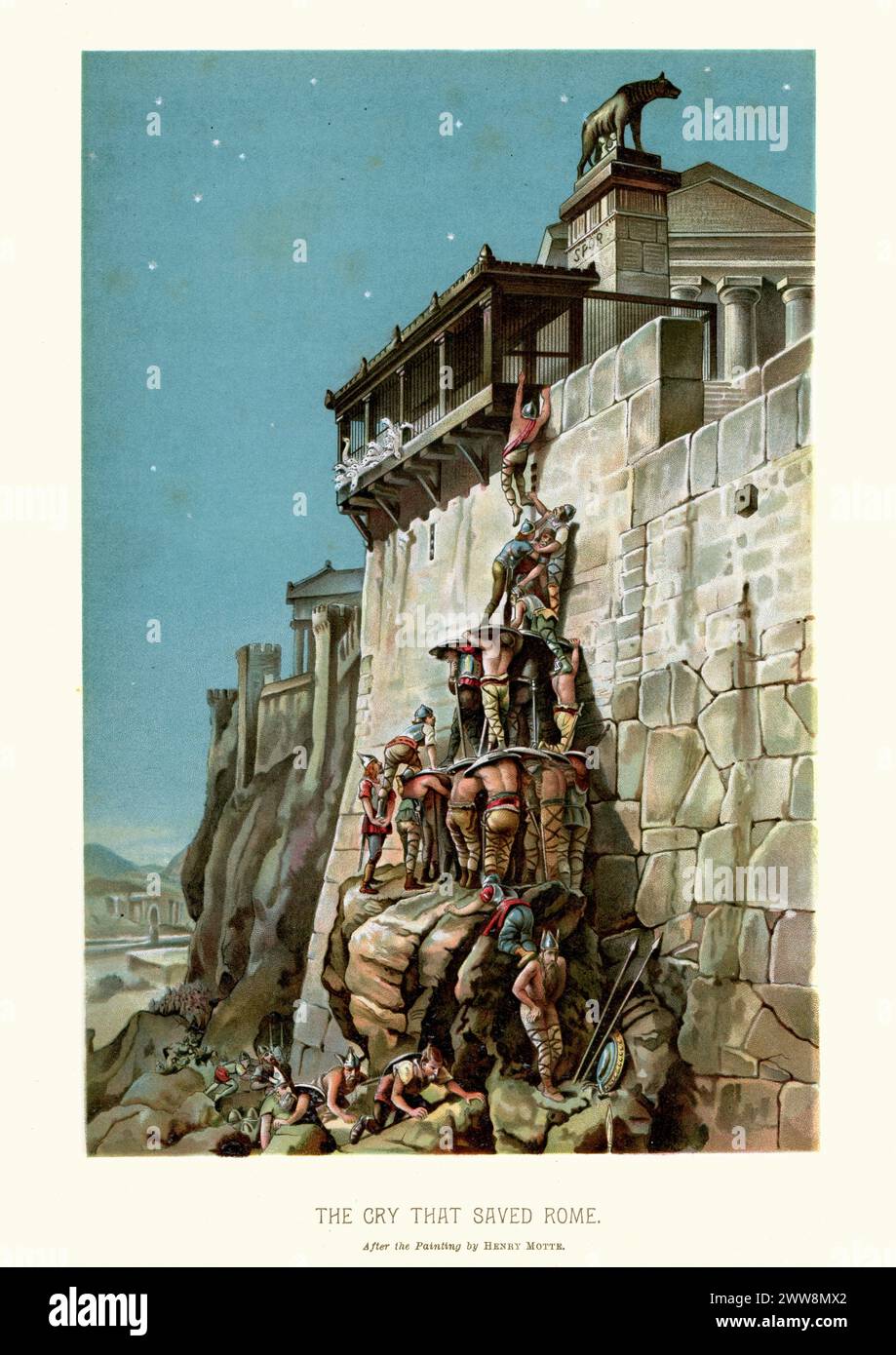 Vintage-Lithografie, die Gallier zeigt, wie sie die Mauern des antiken Roms erklimmen, nachdem sie die römische Armee in der Schlacht von Allia 390/387 v. Chr. besiegt hatten. Der Legende nach wurde Marcus Manlius Capitolinus von den heiligen Gänsen von Juno (Kapitolengänse) auf den Angriff der Gallier aufmerksam gemacht. Stockfoto