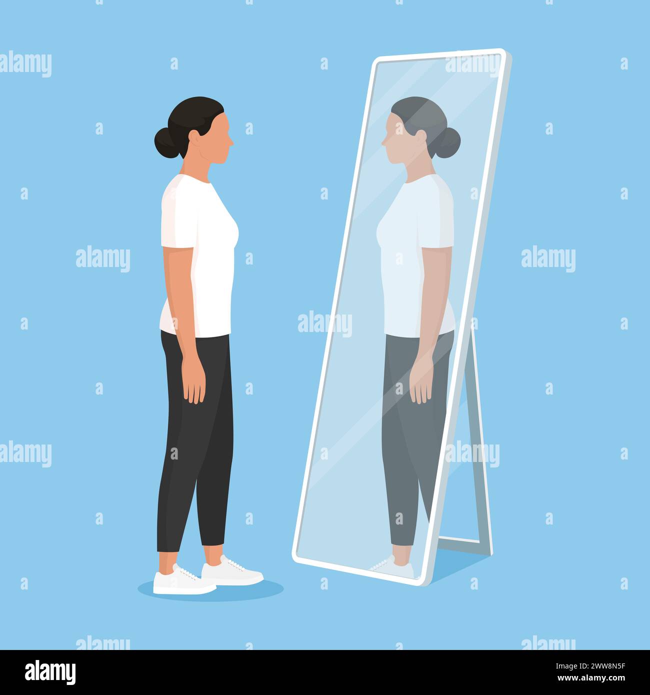 Junge Frau, die sich im Spiegel ansieht: Identität und Selbstbewusstsein Stock Vektor
