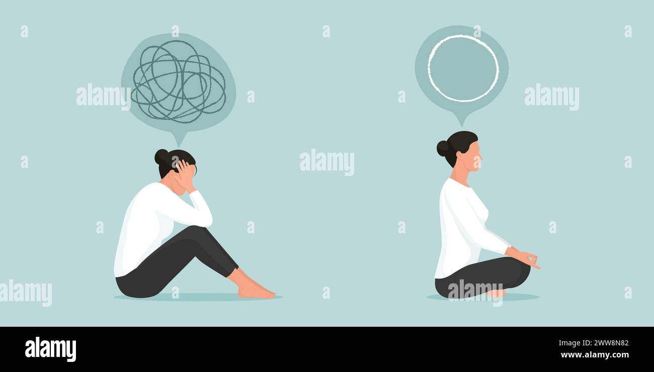 Frau übt Meditation, um Stress zu reduzieren und die Stimmung zu steigern Stock Vektor