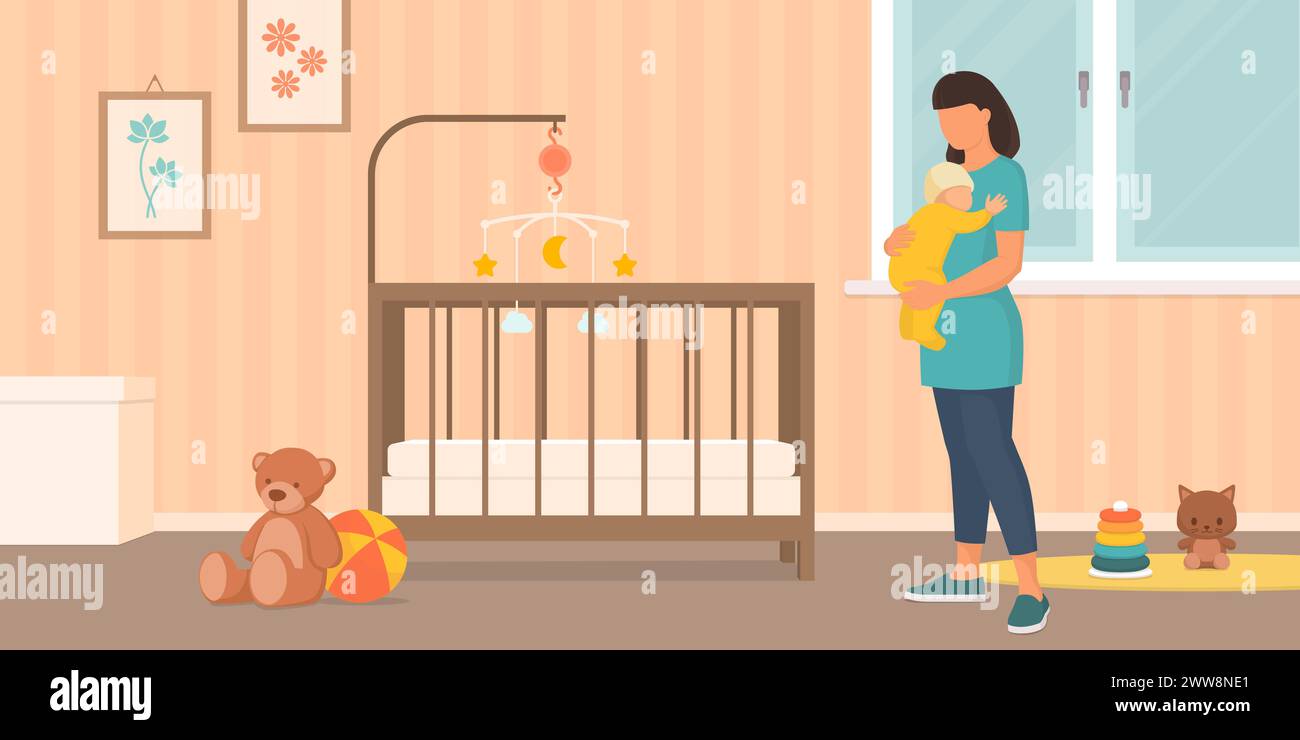 Glückliche Mutter, die ihr Baby im Schlafzimmer hält: Pflege und Familienkonzept Stock Vektor