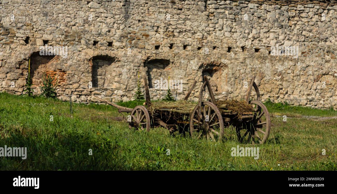 Altes Heuwagenrad im Gras. Stockfoto