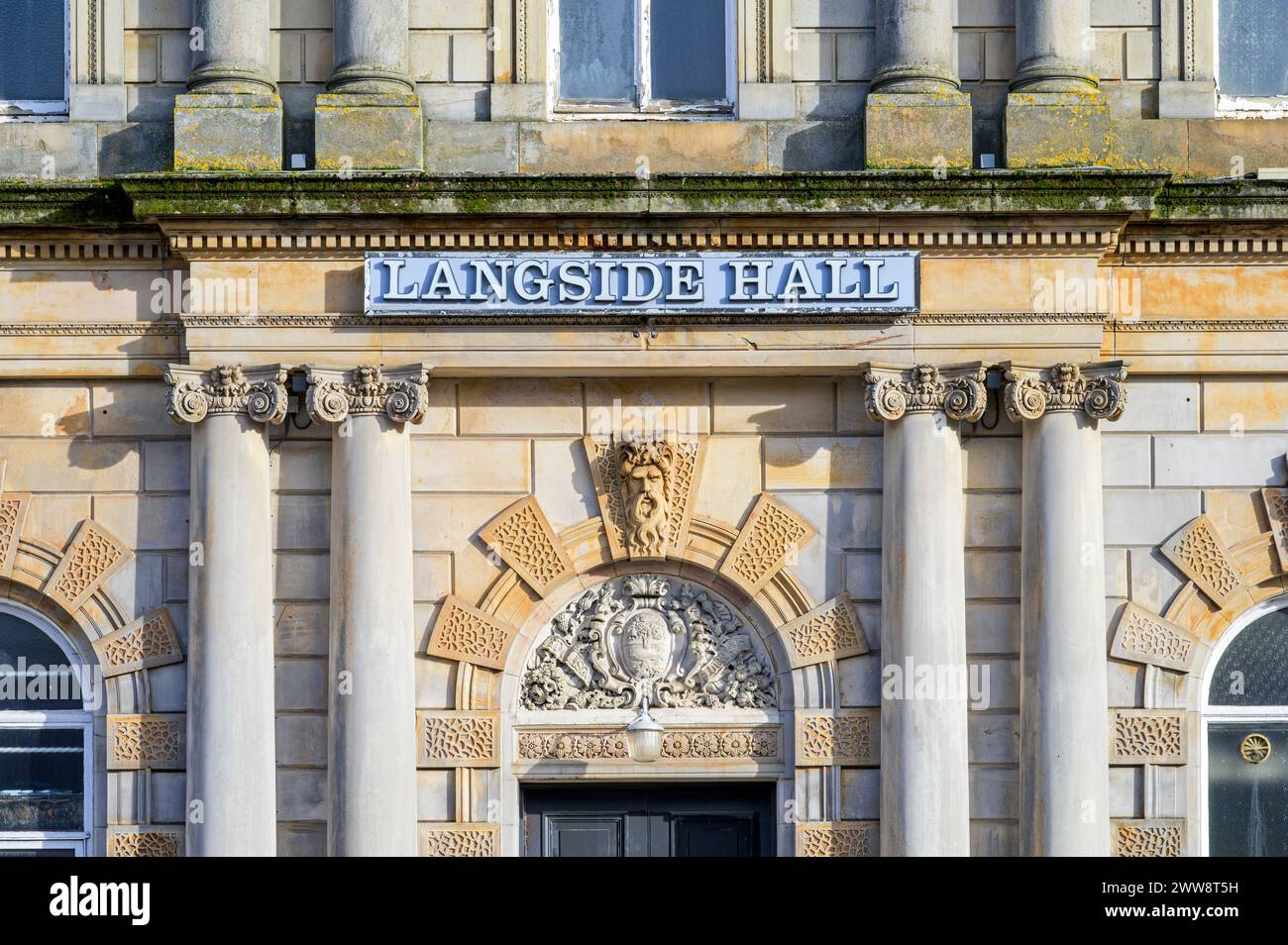 Schild Langside Hall, Langside Avenue, Shawlands, Glasgow, Schottland, Großbritannien, Europa Stockfoto