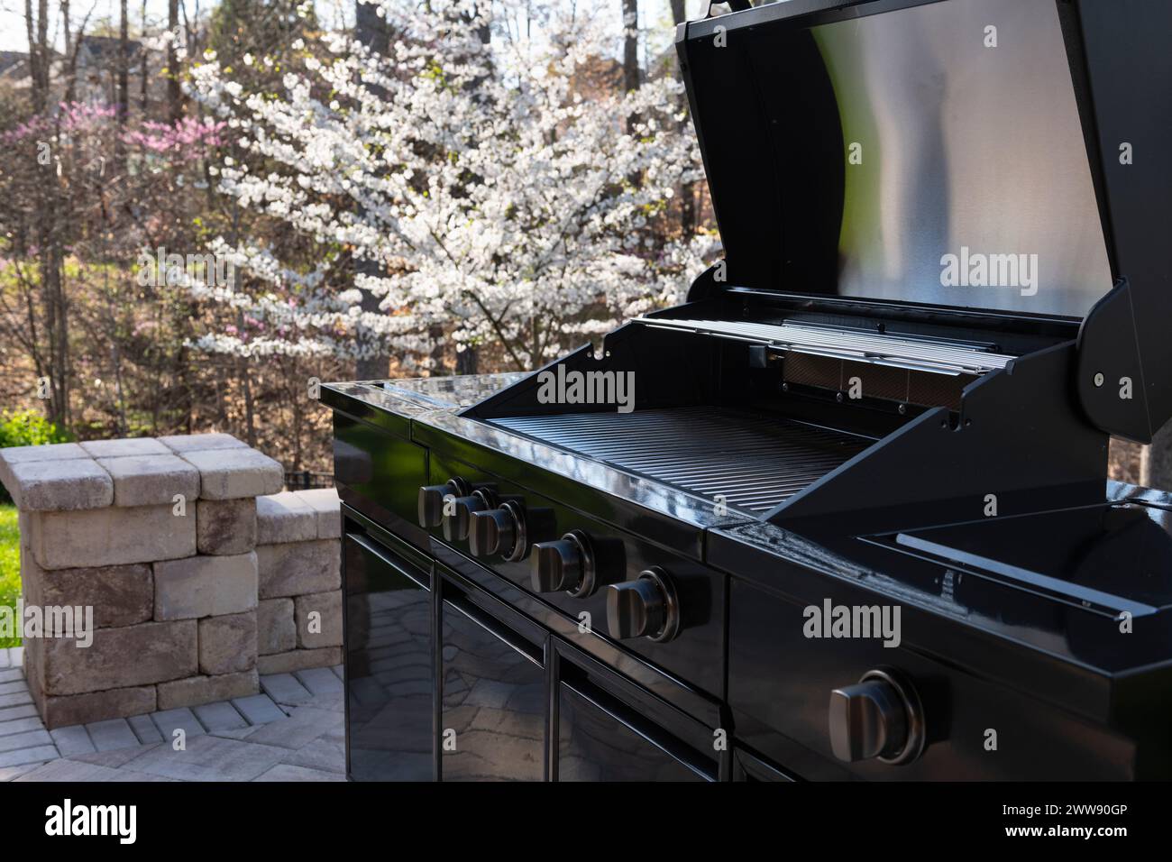 Blick auf den Garten im Garten mit schwarzem Gasgrill im Frühling. Outdoor-Kochkonzept. Stockfoto