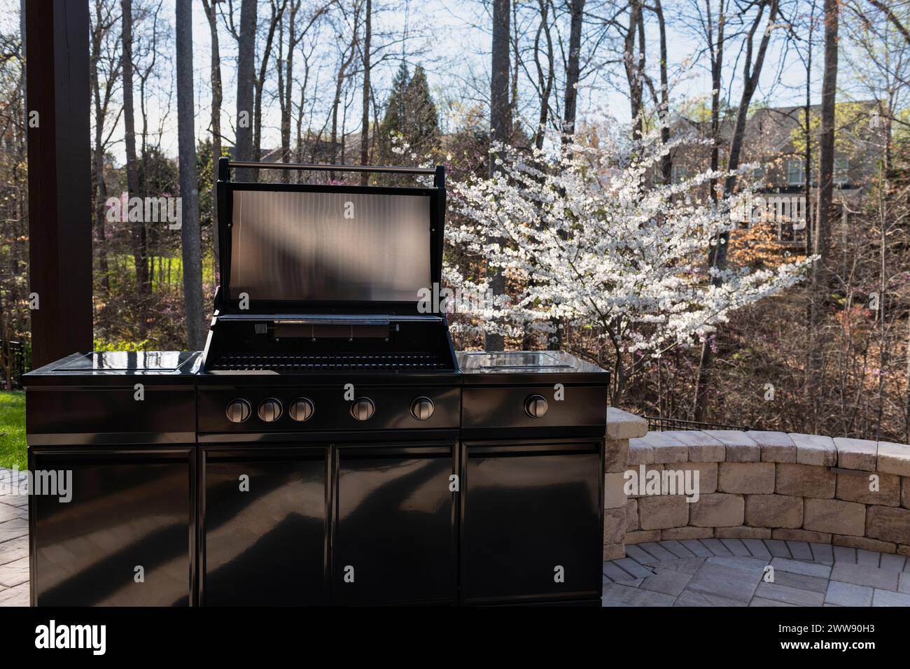 Blick auf den Garten im Garten mit schwarzem Gasgrill im Frühling. Outdoor-Kochkonzept. Stockfoto