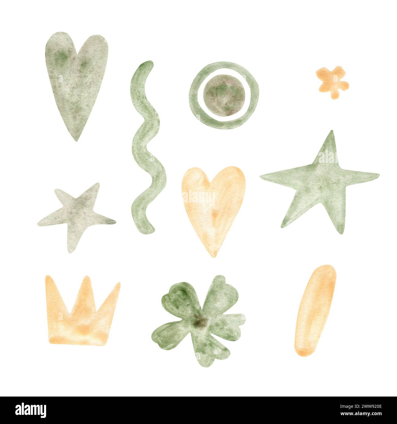 Aquarellfarben hellgrün und gelb abstrakte handgezeichnete Elemente für Ihr Design Stockfoto