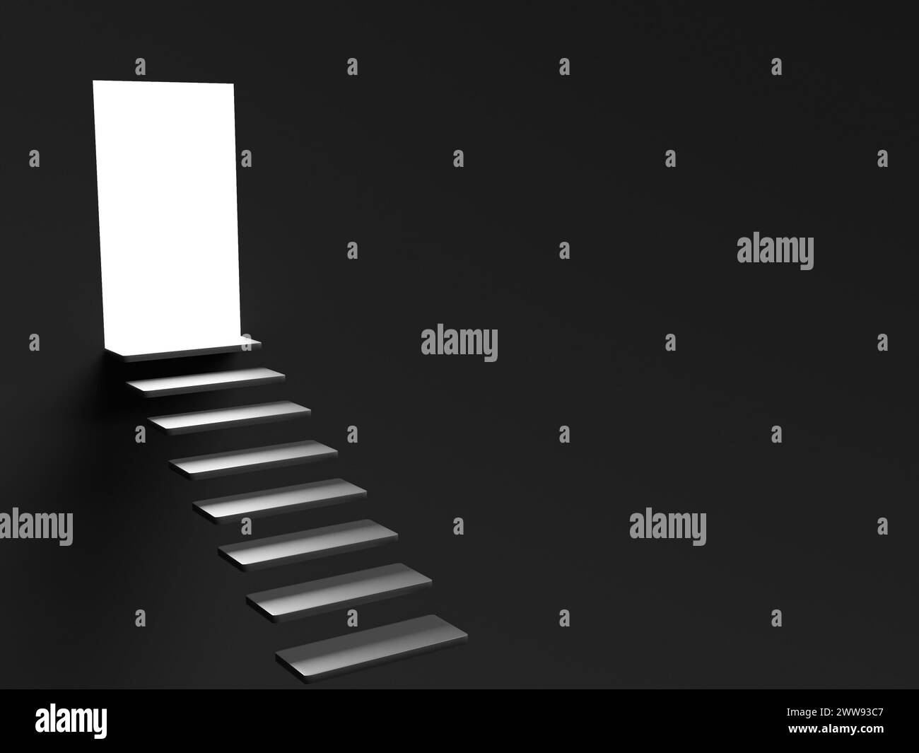 Treppe, Treppe, Weg und offene Tür mit Licht. Abstrakter und konzeptioneller Hintergrund Stockfoto