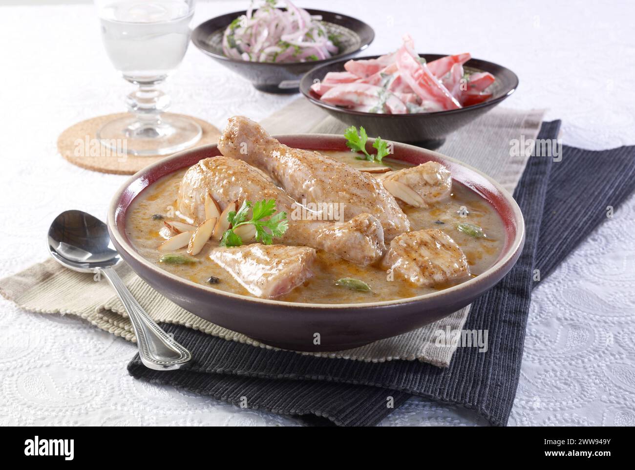 Weiße Hühnchen-Korma, dicke Hühnersoße in Joghurt gekocht und dann Kardamom, schwarzen Pfeffer, grüne Chilis, Koriander und Mandeln hinzugeben. Stockfoto