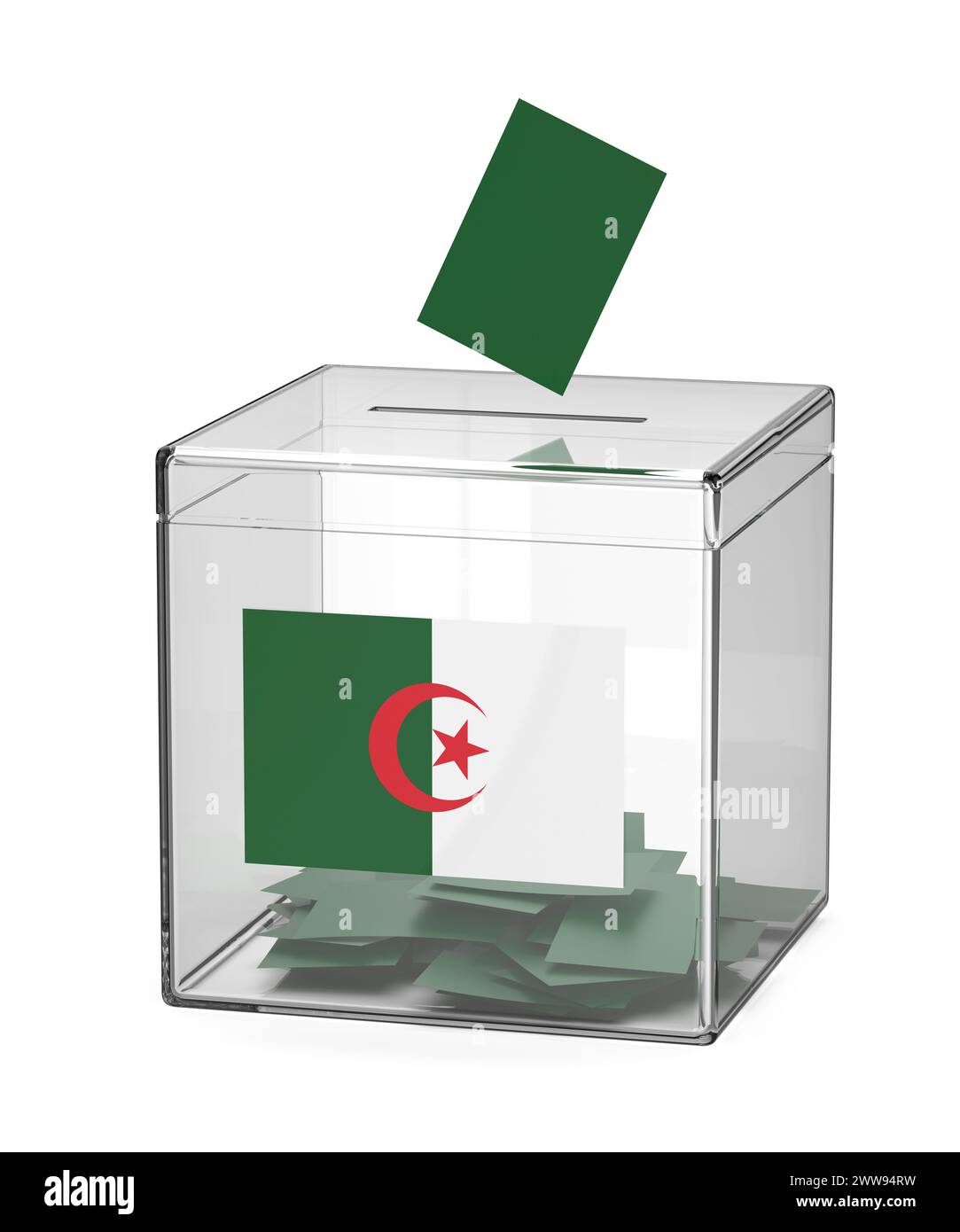 Wahlurne mit der algerischen Nationalflagge Stockfoto