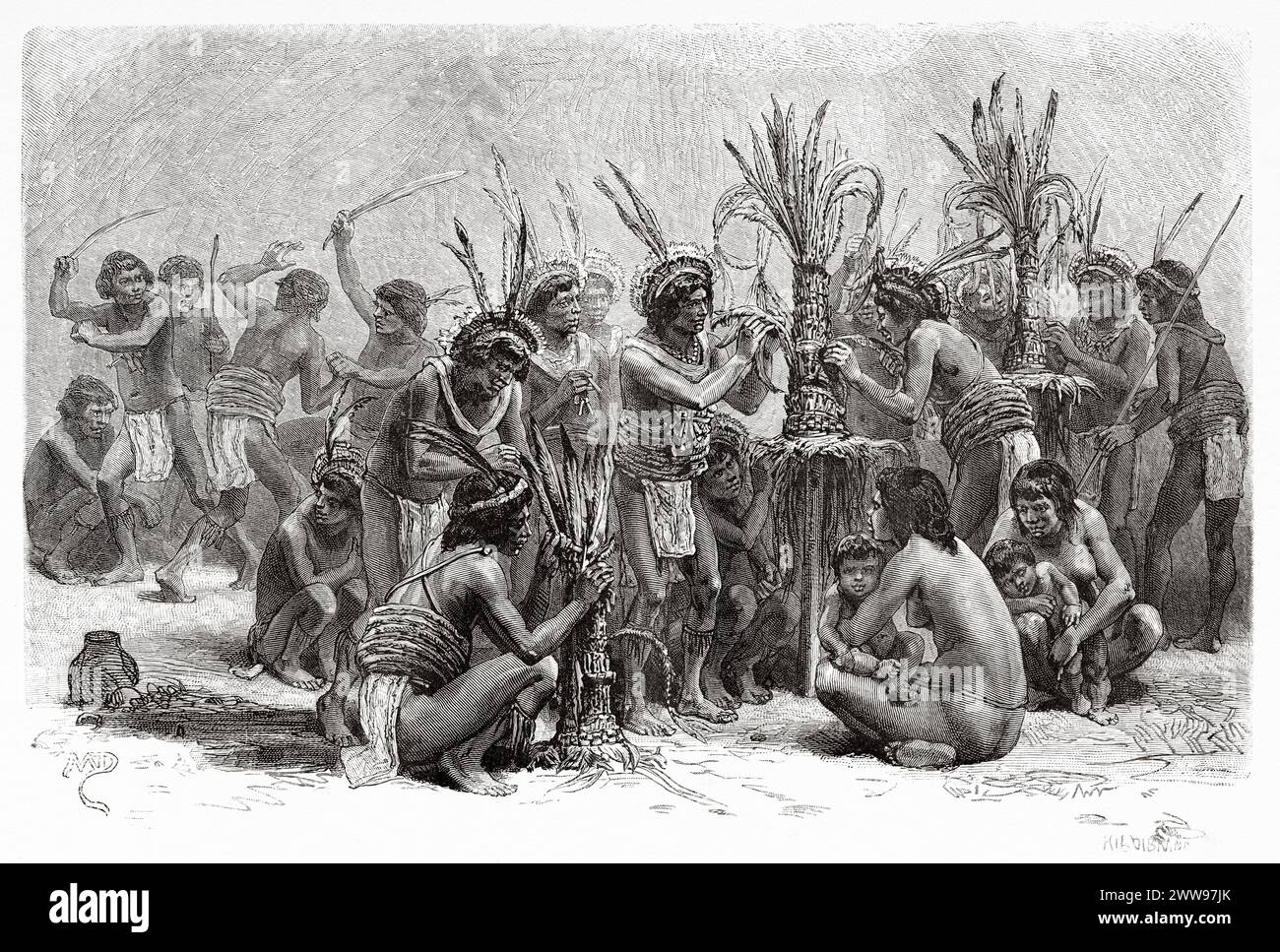 Vorbereitungen für den Marake-Tanz, Wayana-Indianerstamm, Französisch-Guayana, Südamerika. Zeichnung von Edouard Riou (1833–1900) von Cayenne in die Anden (1878–1879) von Jules Crevaux (1847–1882) Le Tour du Monde 1880 Stockfoto