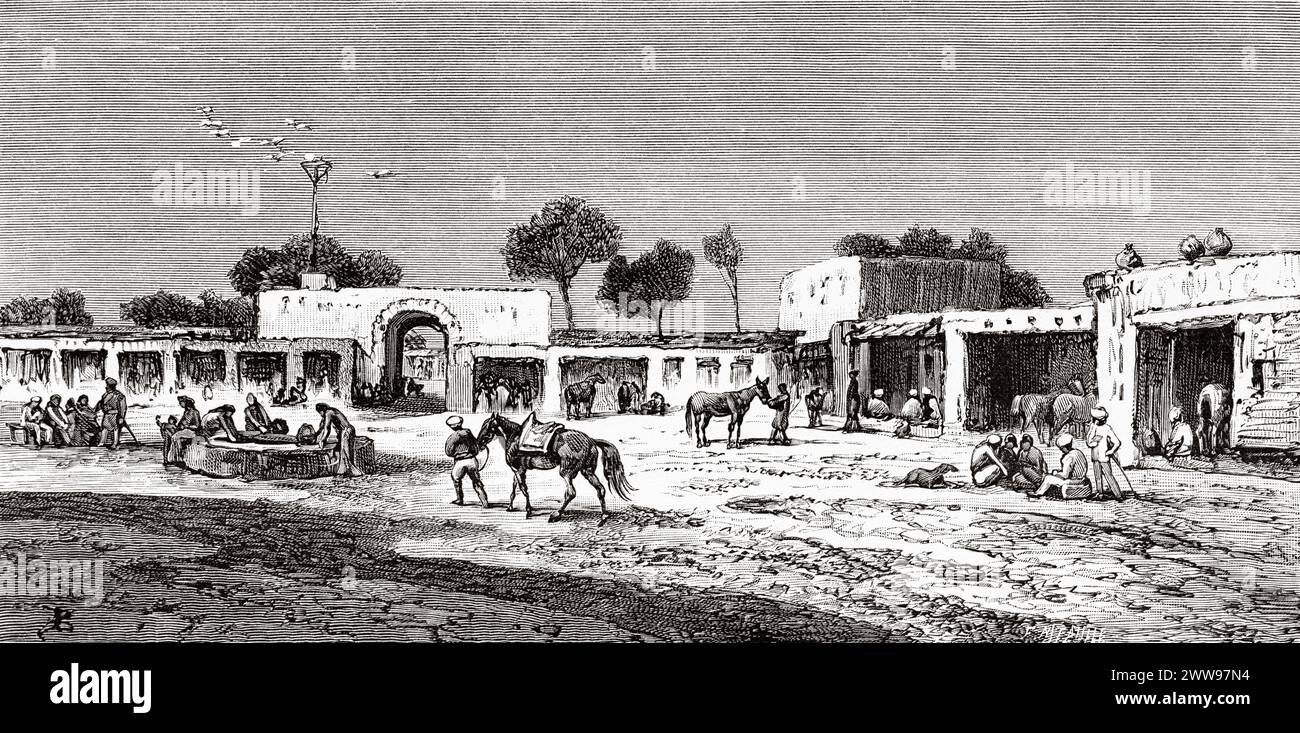 Alte Karawanserei in Rawalpindi, Punjab, Pakistan. Reisen Sie nach Nordindien. Ausflug nach Attock am Indus. Zeichnungen und Texte von Evremond de Berard (1824–1881) Le Tour du Monde 1880 Stockfoto