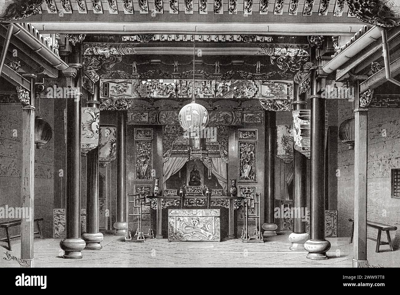 Innenraum eines chinesischen Tempels in Alahan Panjang, Sumatra Island. Indonesien. Zeichnung von Barclay. Auf der anderen Seite der Insel Sumatra 1877 von Daniel David Veth (1850 - 1885) Le Tour du Monde 1880 Stockfoto