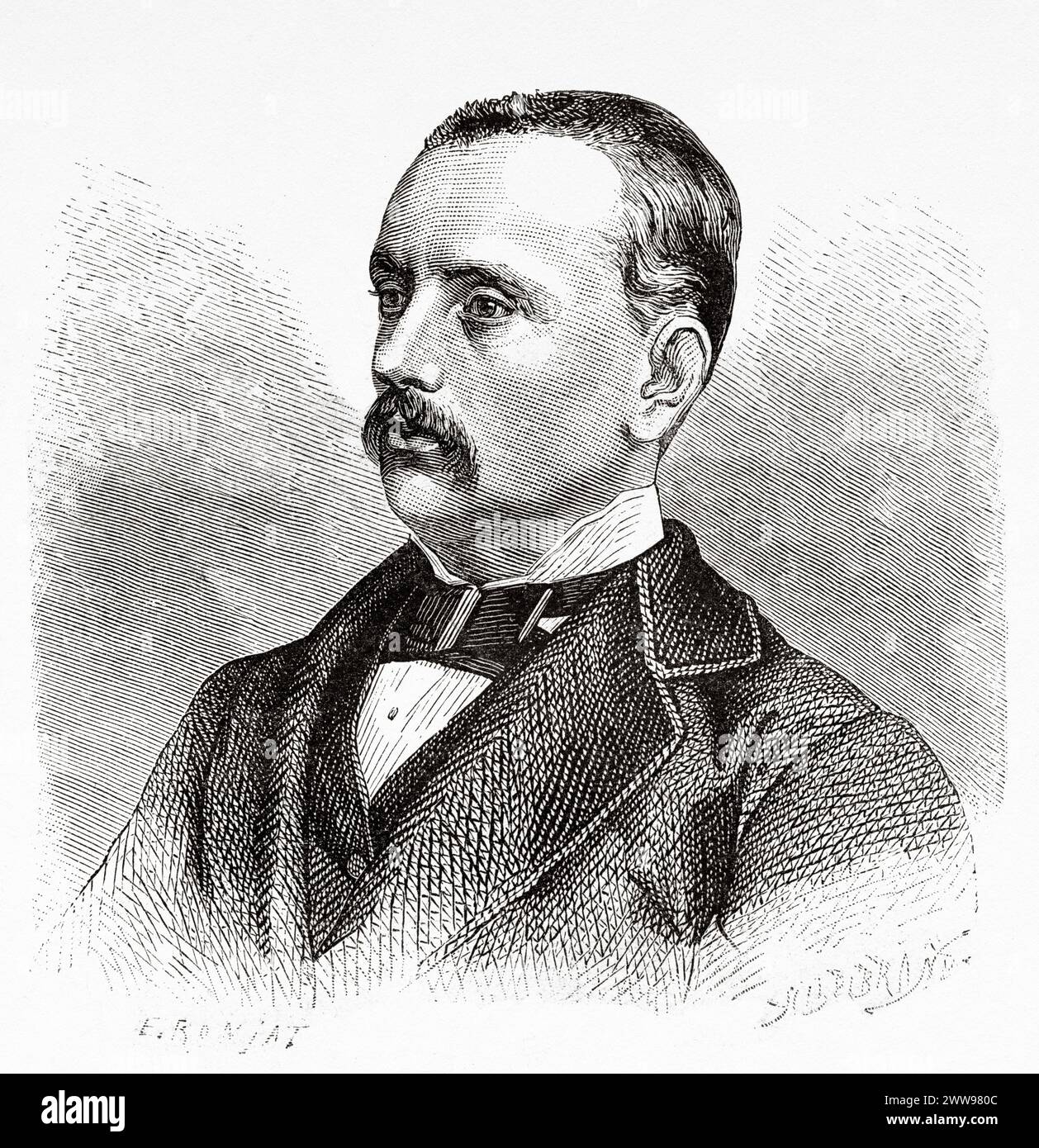 Porträt von Daniel David Veth (1850–1885) war ein niederländischer Forscher und Fotograf auf Sumatra Island. Indonesien. Zeichnung von Eugene Ronjat (1822–1912) über die Insel Sumatra 1877 von Daniel David Veth (1850–1885) Le Tour du Monde 1880 Stockfoto