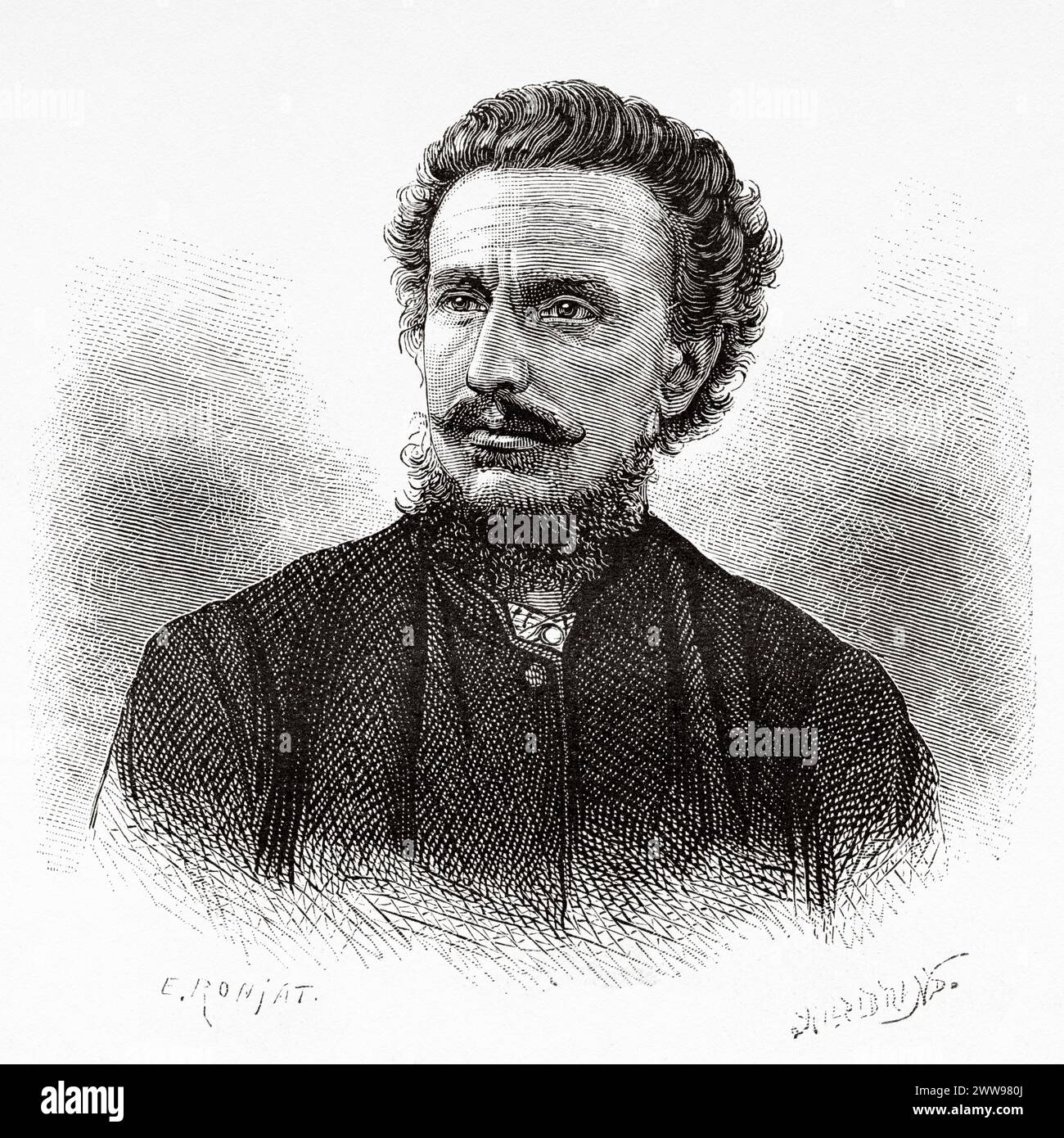 Porträt von Arend Ludolf van Hasselt (1848–1909) Botaniker, Ethnologe und Linguist auf Sumatra Island. Indonesien. Zeichnung von Eugene Ronjat (1822–1912) über die Insel Sumatra 1877 von Daniel David Veth (1850–1885) Le Tour du Monde 1880 Stockfoto