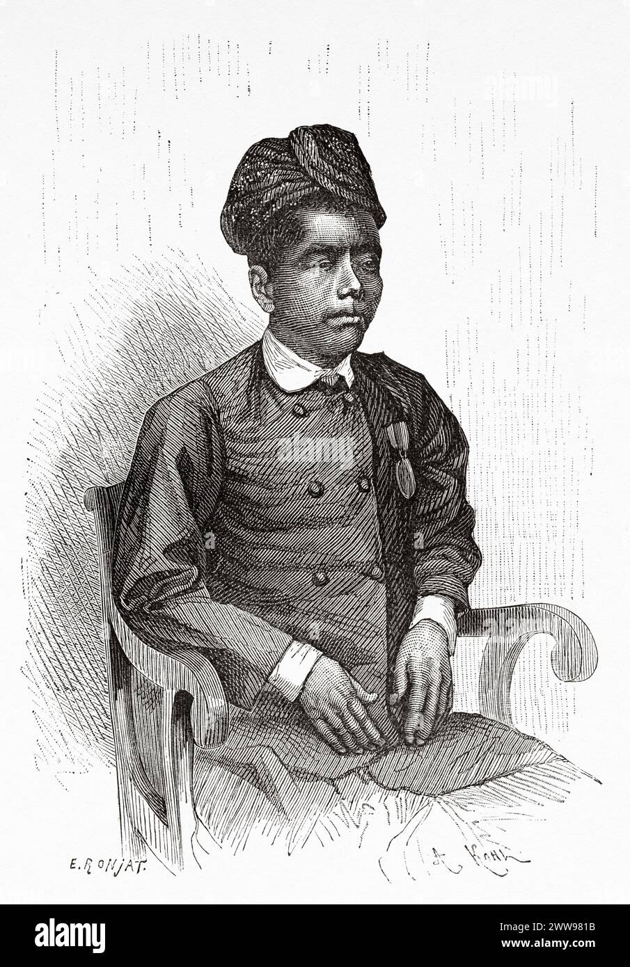 Porträt von Tuanku di Sembah, Anführer der Tarekat-Gemeinde auf Sumatra. Indonesien. Zeichnung von Eugene Ronjat (1822–1912) über die Insel Sumatra 1877 von Daniel David Veth (1850–1885) Le Tour du Monde 1880 Stockfoto