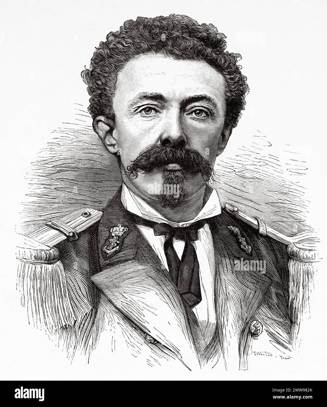Porträt von Leutnant Johannes Schouw Santvoort (1846–1877) Royal Dutch Navy, Insel Sumatra. Indonesien. Zeichnung von Eugene Ronjat (1822–1912) über die Insel Sumatra 1877 von Daniel David Veth (1850–1885) Le Tour du Monde 1880 Stockfoto