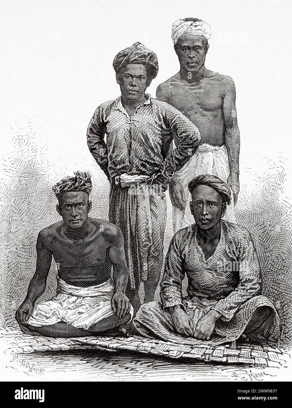 Porträt der Ureinwohner aus Moeara Menkoelem, Rawa District, Sumatra Island. Indonesien. Zeichnung von Ivan Pranishnikoff (1841–1909). Auf der anderen Seite der Insel Sumatra 1877 von Daniel David Veth (1850 - 1885) Le Tour du Monde 1880 Stockfoto