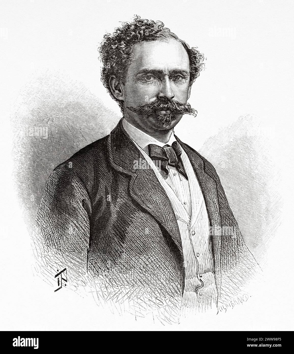 Das alte Portait von Gustav Hermann Nachtigal (1834–1885) war ein deutscher Militärchirurg und Entdecker Zentral- und Westafrikas. Generalkonsul des Deutschen Reiches für Tunesien und Kommissar für Westafrika. Zeichnung von Ivan Pranishnikoff (1841 - 1909) Reise von Borno nach Baguirmi 1872 von Dr. Gustav Hermann Nachtigal (1834 - 1885) Le Tour du Monde 1880 Stockfoto