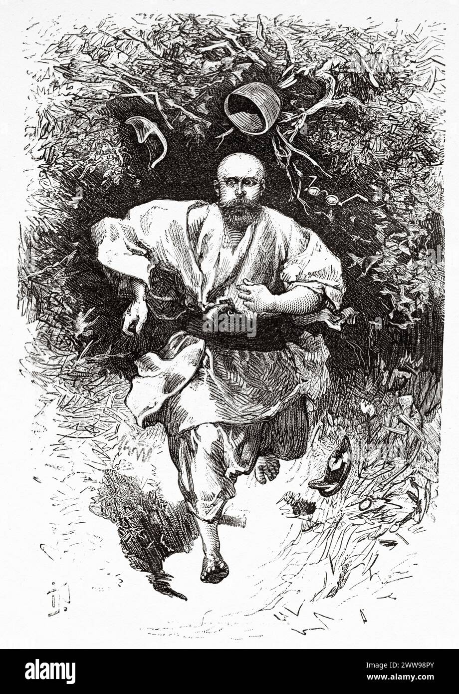 Die Flucht des Doktors Gustav Hermann, Tschad. Zentralafrika. Zeichnung von Ivan Pranishnikoff (1841 - 1909) Reise von Borno nach Baguirmi 1872 von Dr. Gustav Hermann Nachtigal (1834 - 1885) Le Tour du Monde 1880 Stockfoto
