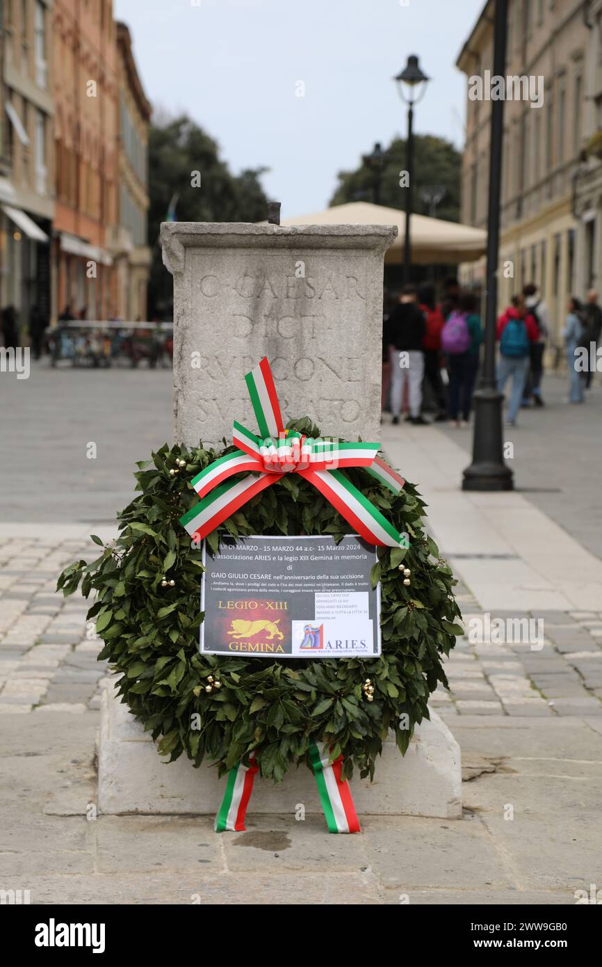 15. März 44 v. Chr. Gedenkkranz in Rimini Stockfoto