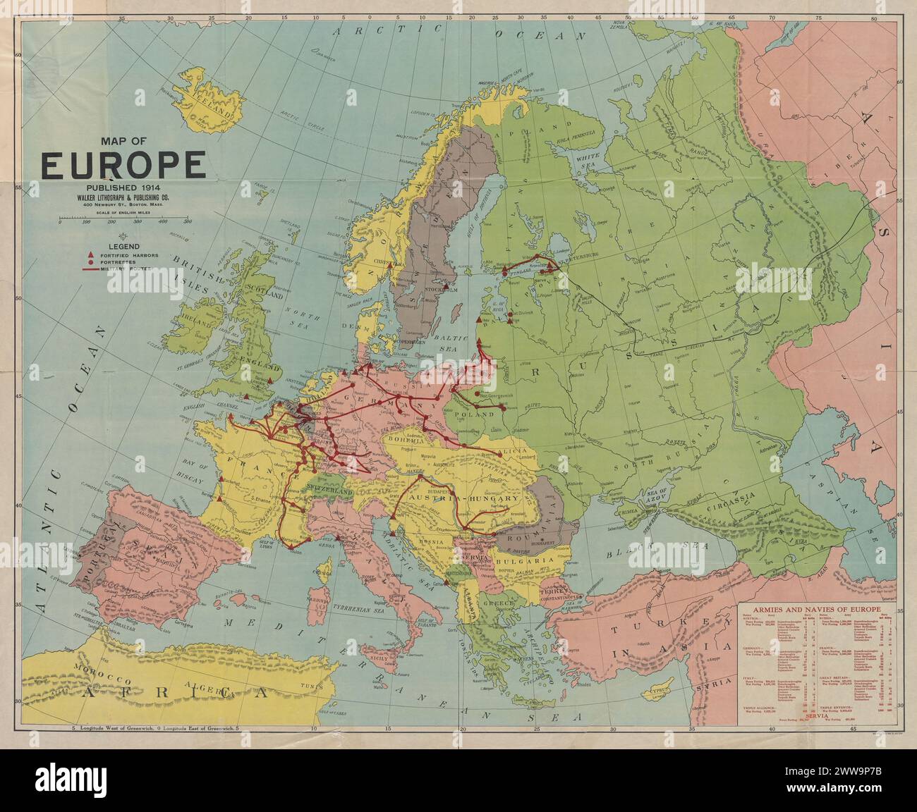 Vintage-Karte. Europa veröffentlichte 1914 zu Beginn des Ersten Weltkriegs und zeigte Festungen, befestigte Häfen und Militärrouten. Walker Litho und Publishing. Stockfoto