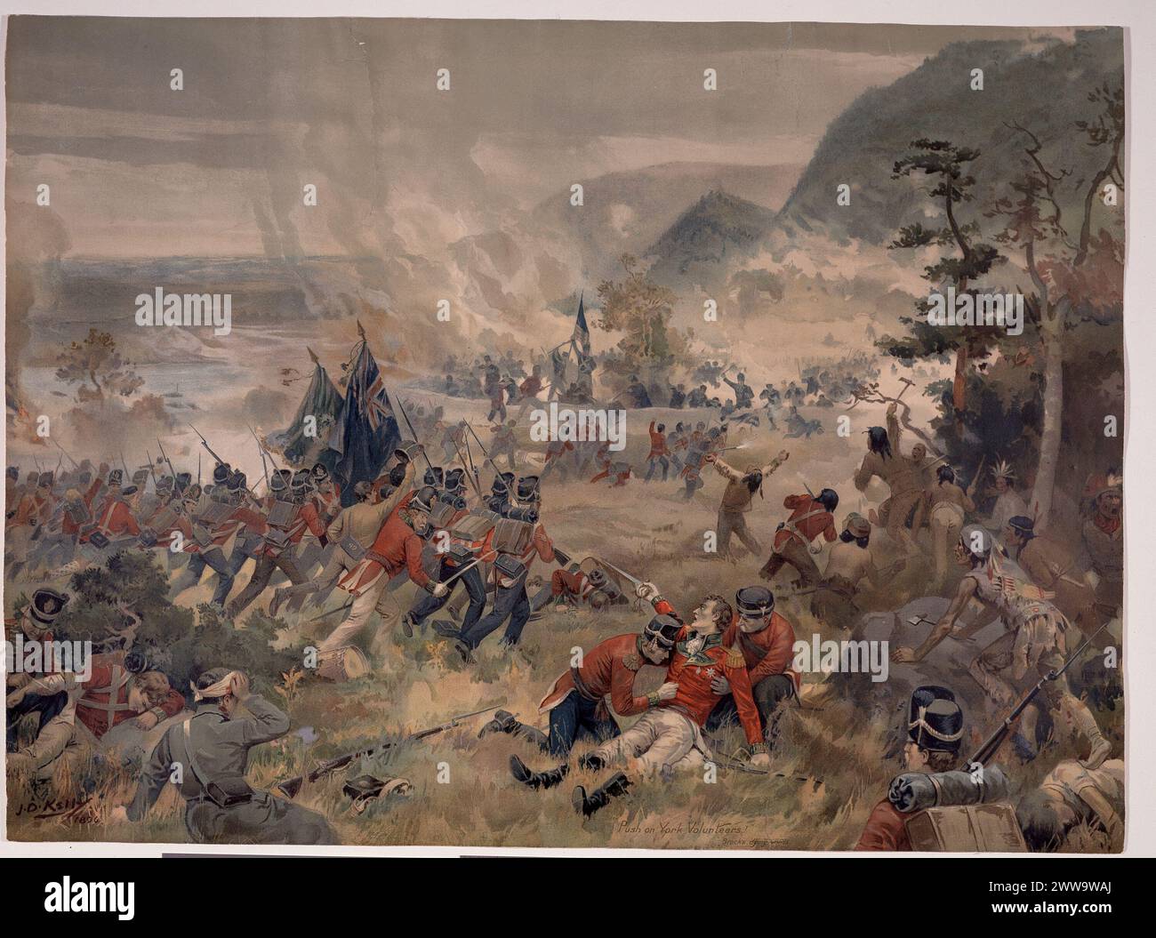 Kanadisches Historiengemälde. Sir Isaac Brocks Tod. Schlacht von Queenston Heights, gesehen gegen die Amerikaner 13. Oktober 1812 (Gemälde von John David Kelly) Stockfoto