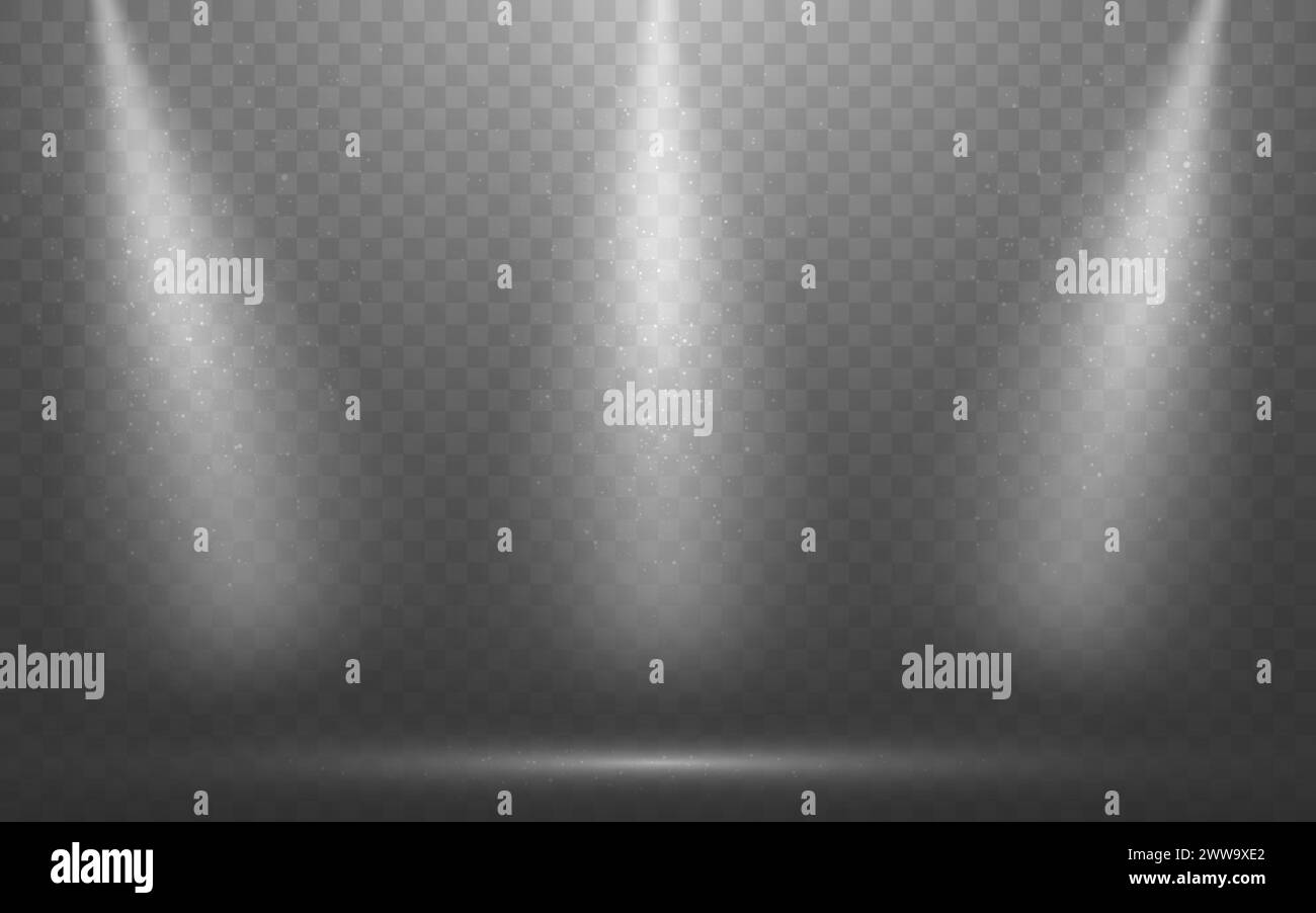 Spotlights Szene. Realistisches Licht mit Partikeln. Vorlage für glühende Stufe. Helle Strahlen mit fallendem Glitzer. Beleuchtung für Konzert oder Preisverleihung. Arbeitsleuchte Stock Vektor