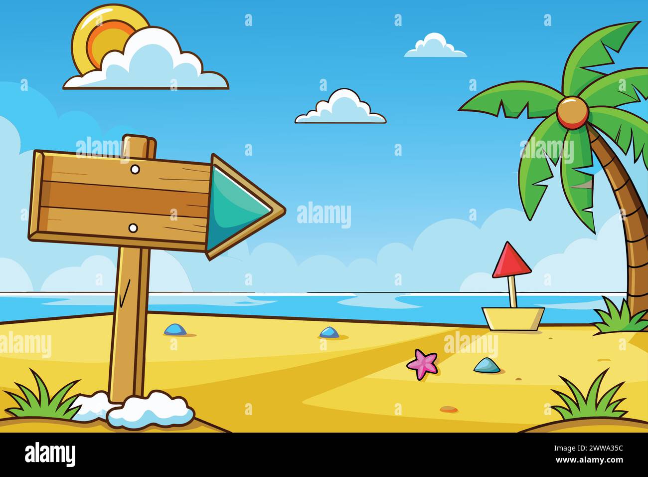 Vektor Sommerferien Strand Hintergrund mit Holzpfeil Stock Vektor