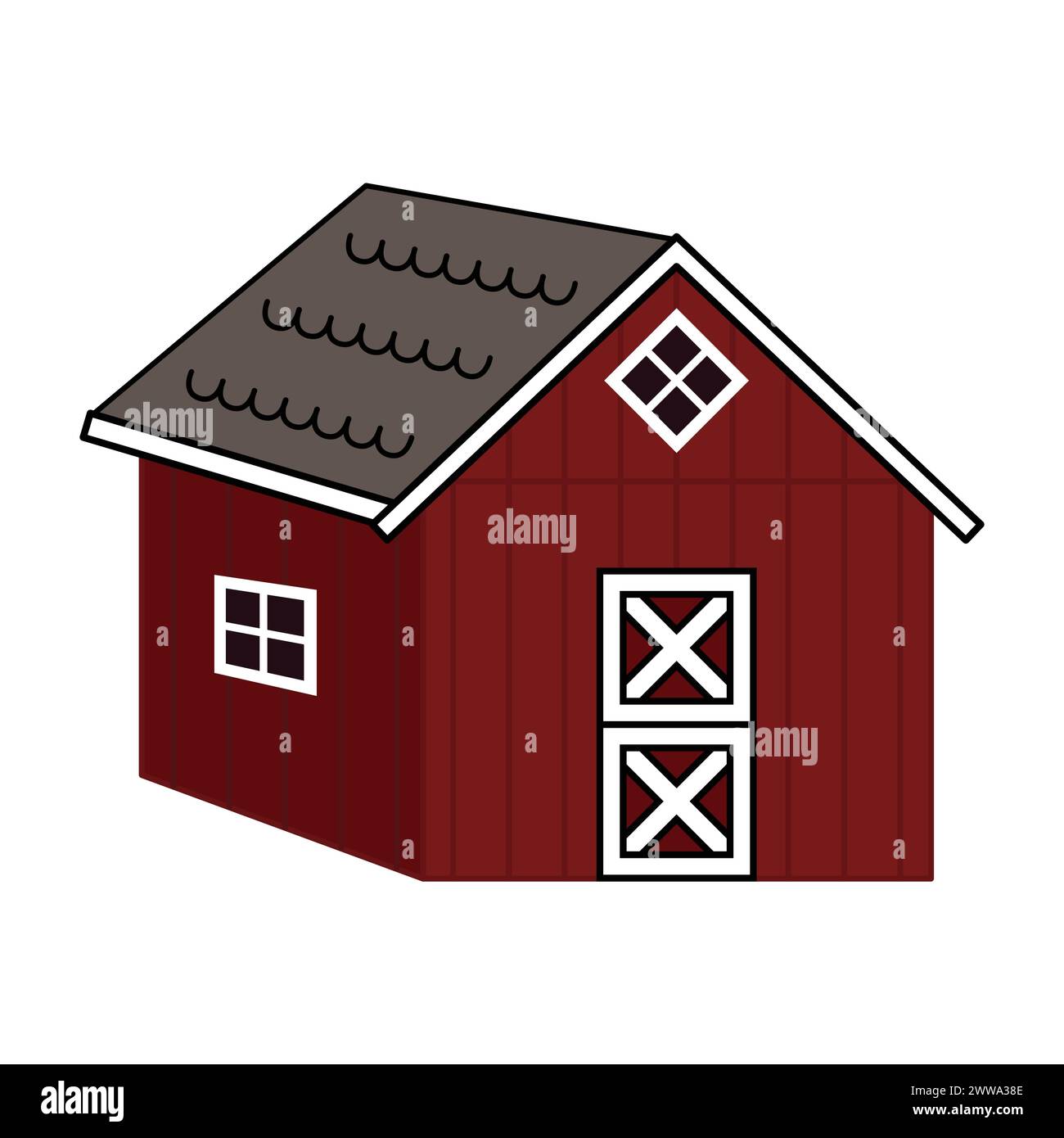 Vektor Holz Bauernhof Scheune Haus Symbol. Isolierte Zeichentrickillustration des roten Kreuzbretthauses auf weißem Hintergrund Stock Vektor