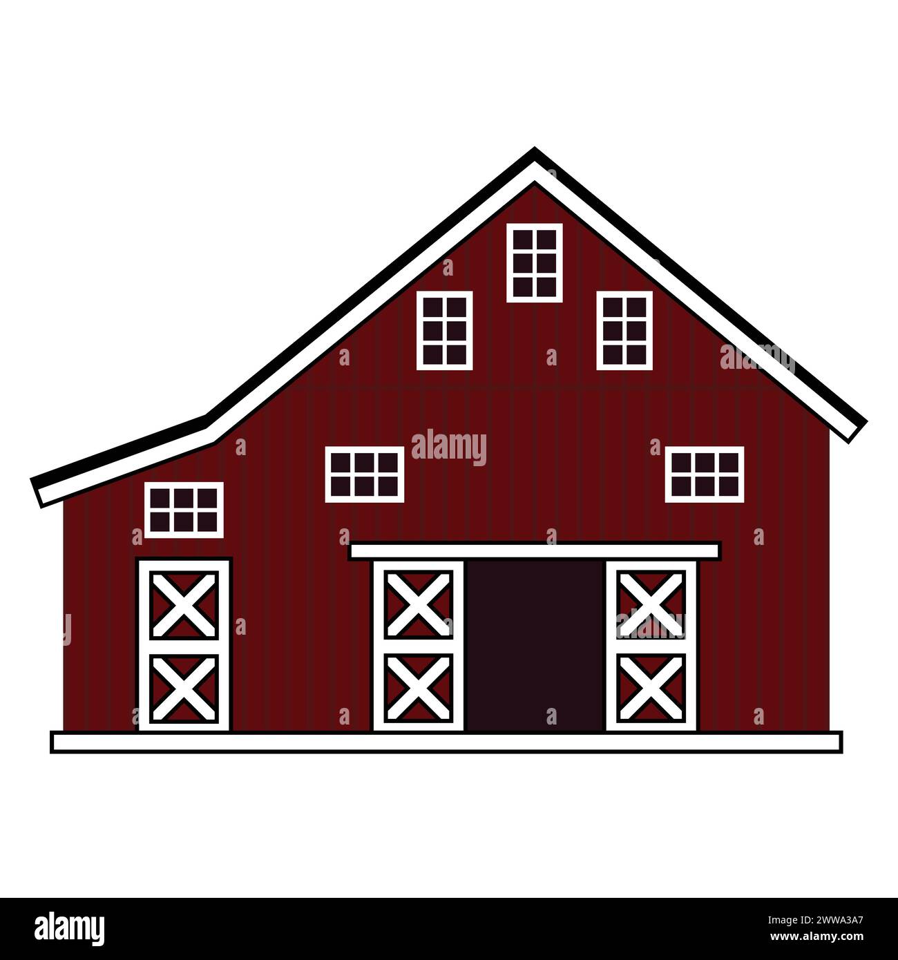 Vektor Holzscheune Haus Symbol. Isolierte Illustration von roten Kreuzbrettern Bauernhaus mit Tor und Dach auf weißem Hintergrund Stock Vektor