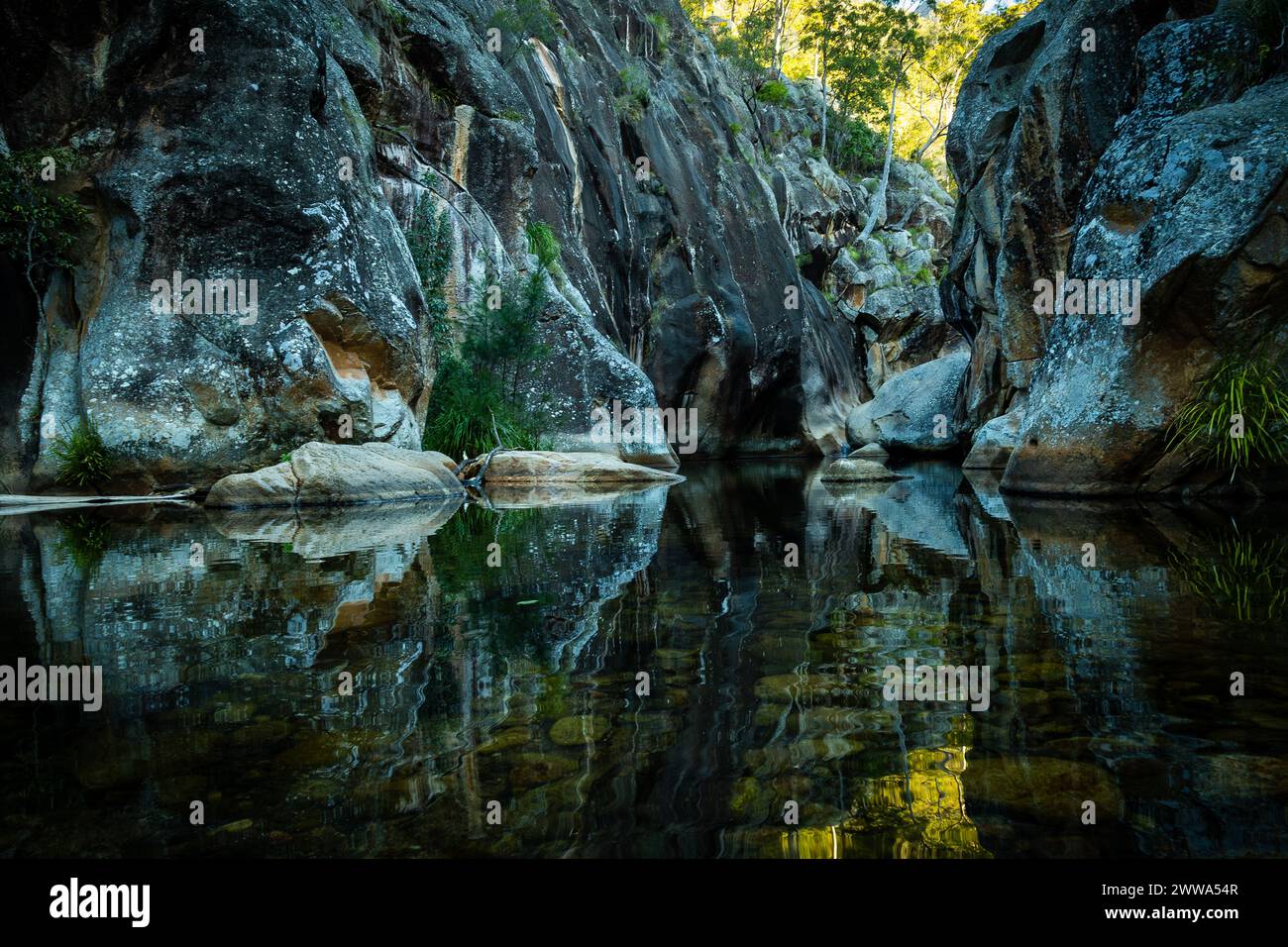 Das ruhige Wasser spiegelt die hohen Felsen und das Grün eines abgeschiedenen Ortes wider. Stockfoto