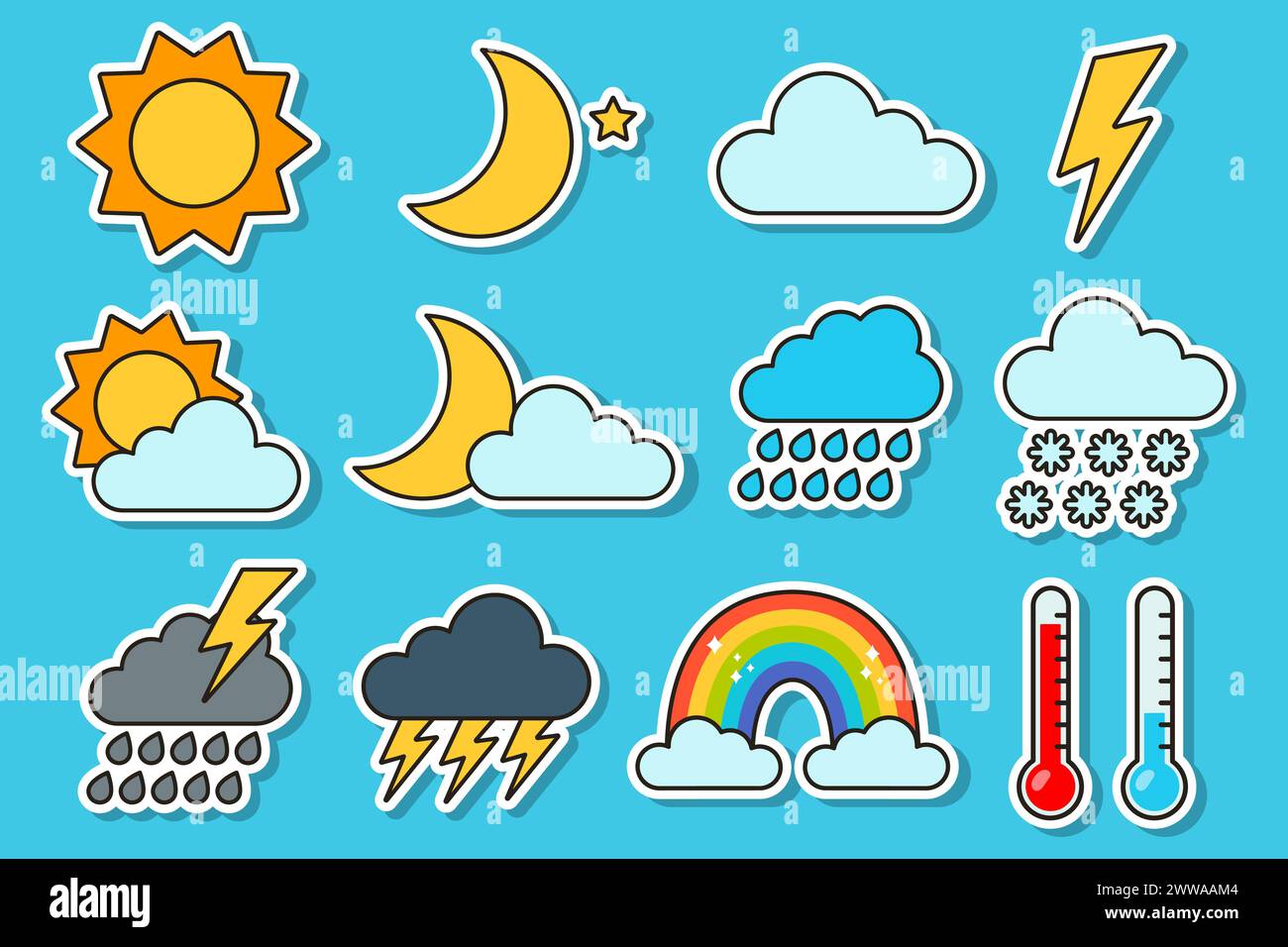 Wetteraufkleber Set. Flache Illustration von Gewitterwolke, Wolken und Schnee, Sonne und Mond. Stock Vektor