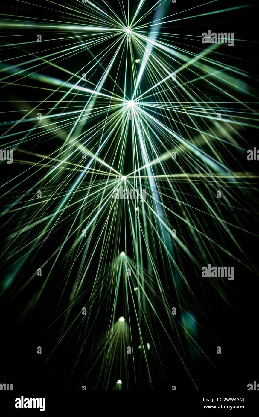 Eine dynamische Explosion grüner Laserstrahlen, die die Nacht mit Energie elektrisieren. Stockfoto